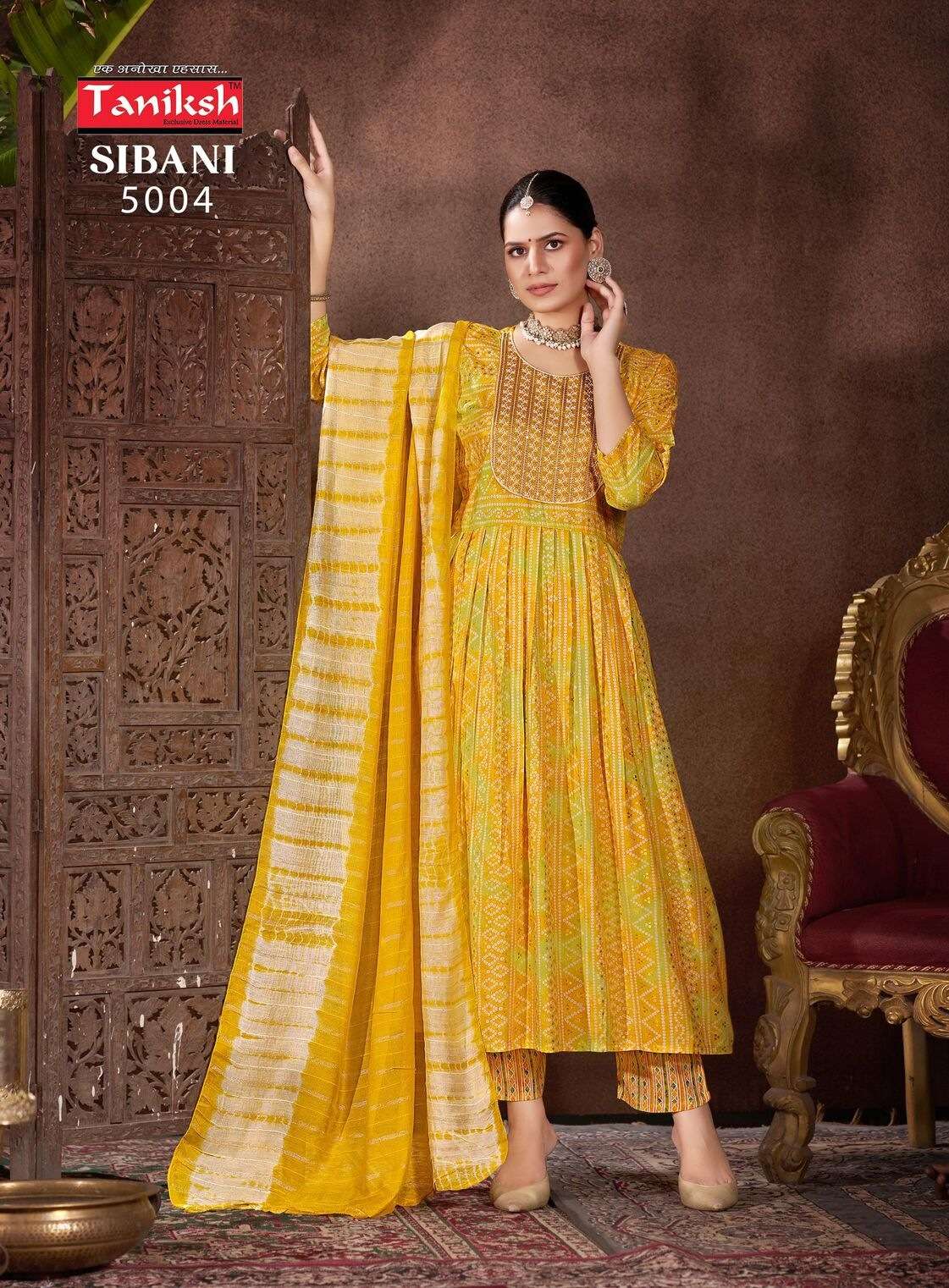 SIBANI VOL-5 BY TANISHK RAYON PRINT WITH SIKVANS EMBROIDERY WORK IN ANARKALI GHEERA STYLE 