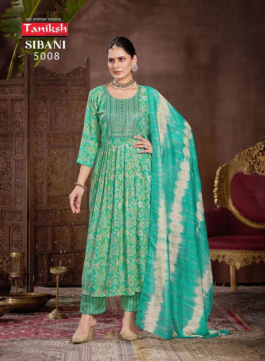 SIBANI VOL-5 BY TANISHK RAYON PRINT WITH SIKVANS EMBROIDERY WORK IN ANARKALI GHEERA STYLE 