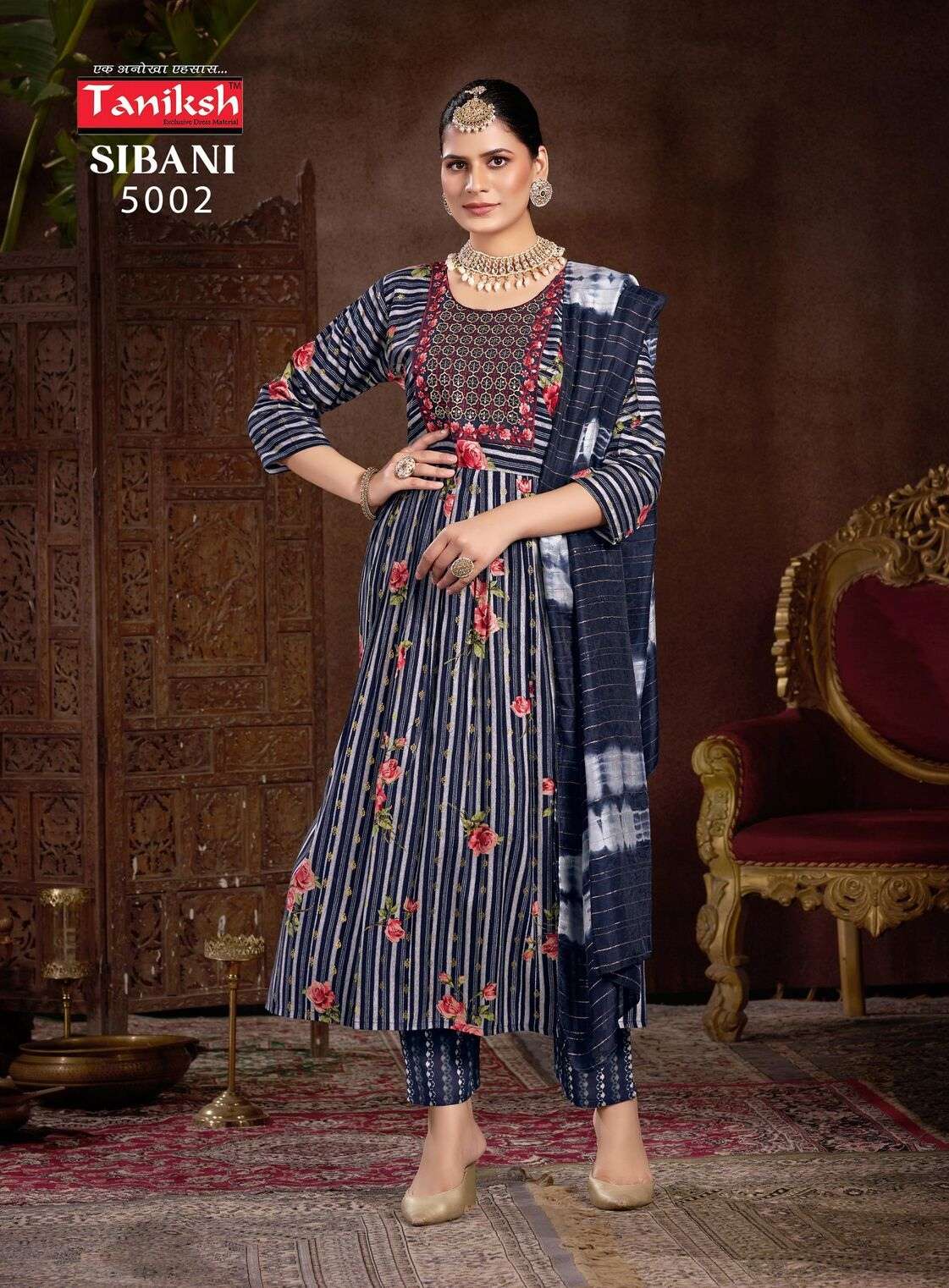 SIBANI VOL-5 BY TANISHK RAYON PRINT WITH SIKVANS EMBROIDERY WORK IN ANARKALI GHEERA STYLE 