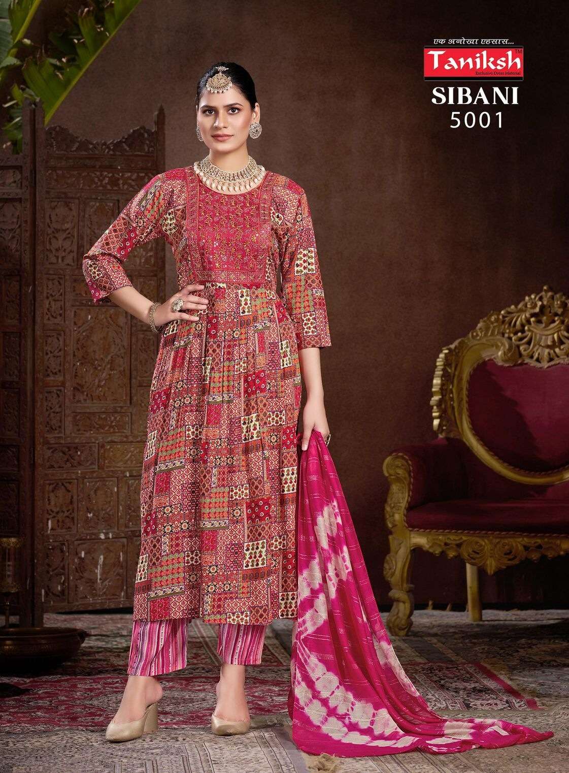 SIBANI VOL-5 BY TANISHK RAYON PRINT WITH SIKVANS EMBROIDERY WORK IN ANARKALI GHEERA STYLE 