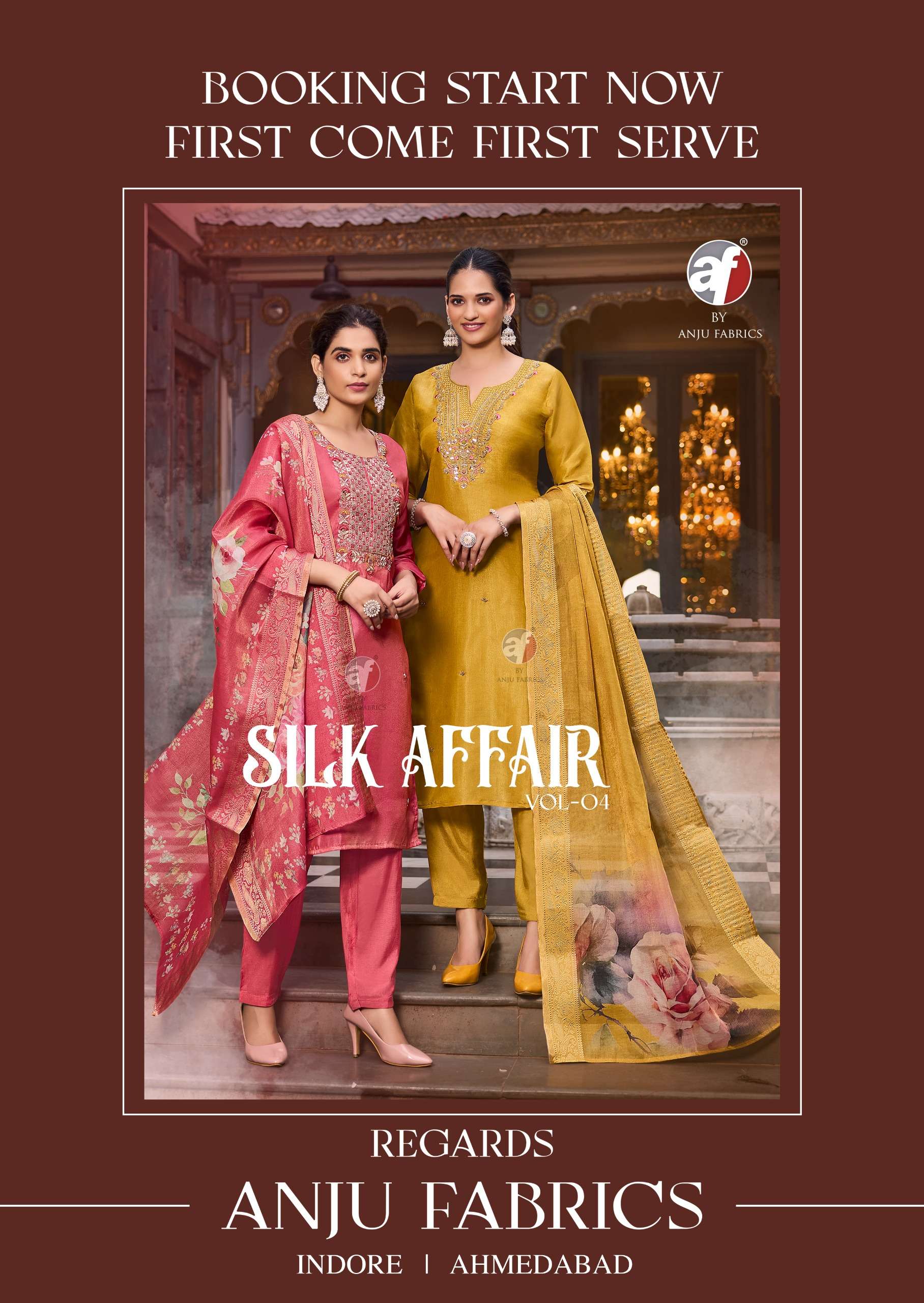 SILK AFFAIR VOL-4 BY ANJU FABRICS TISSUE SHIMMER BEAUTIFUL EMBROIDERY KURTI PANT WITH DUPATTA 