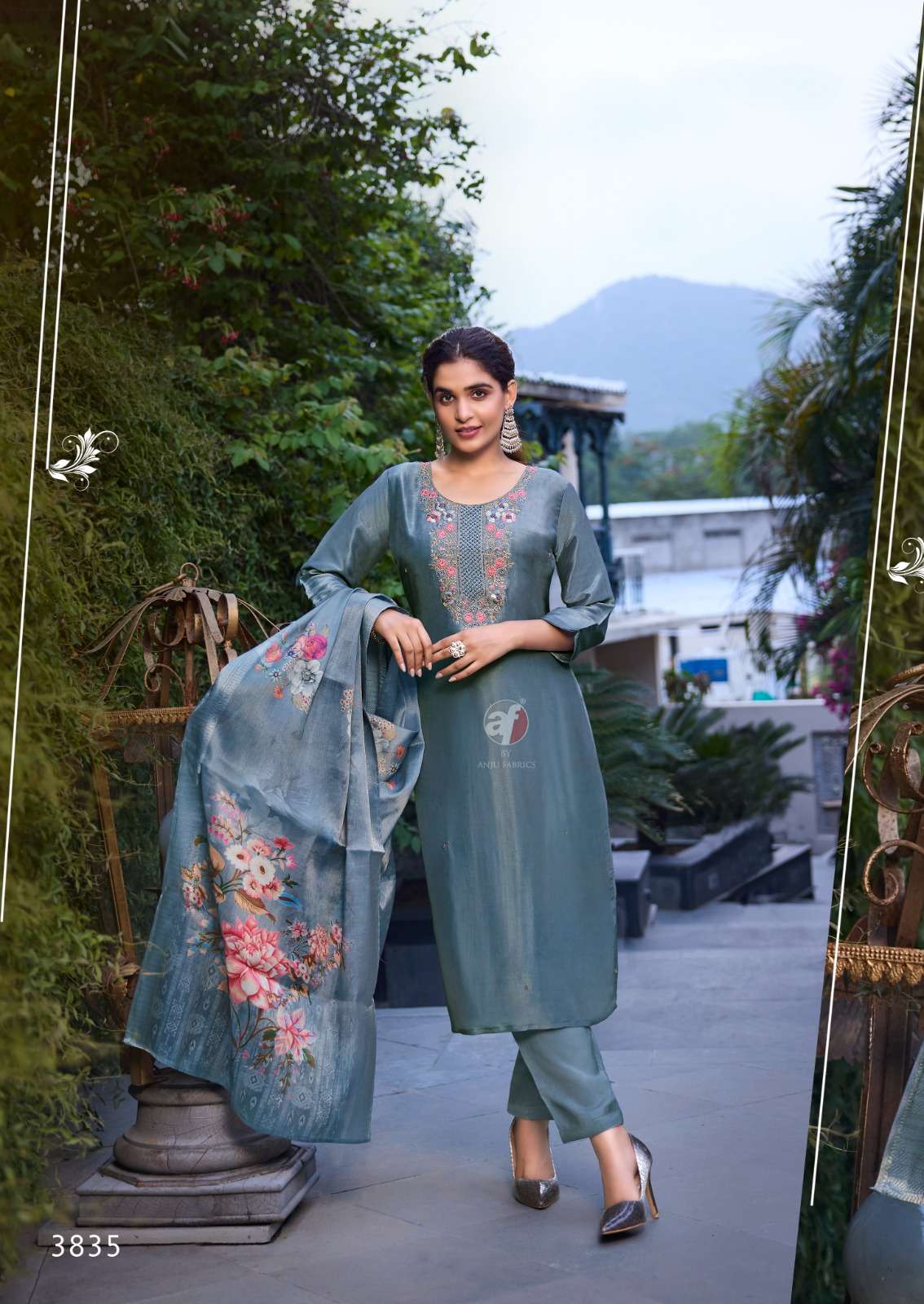 SILK AFFAIR VOL-4 BY ANJU FABRICS TISSUE SHIMMER BEAUTIFUL EMBROIDERY KURTI PANT WITH DUPATTA 