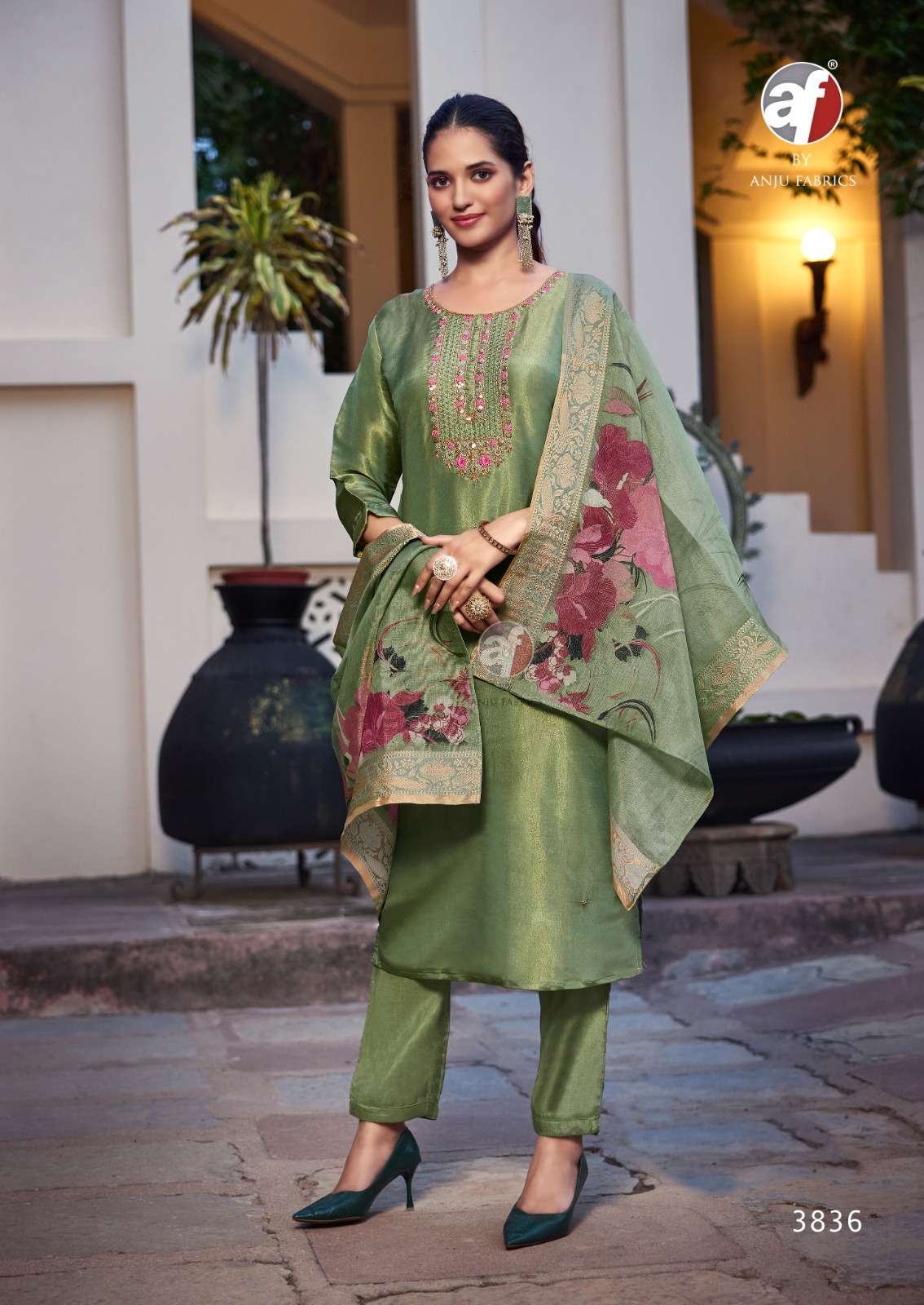 SILK AFFAIR VOL-4 BY ANJU FABRICS TISSUE SHIMMER BEAUTIFUL EMBROIDERY KURTI PANT WITH DUPATTA 