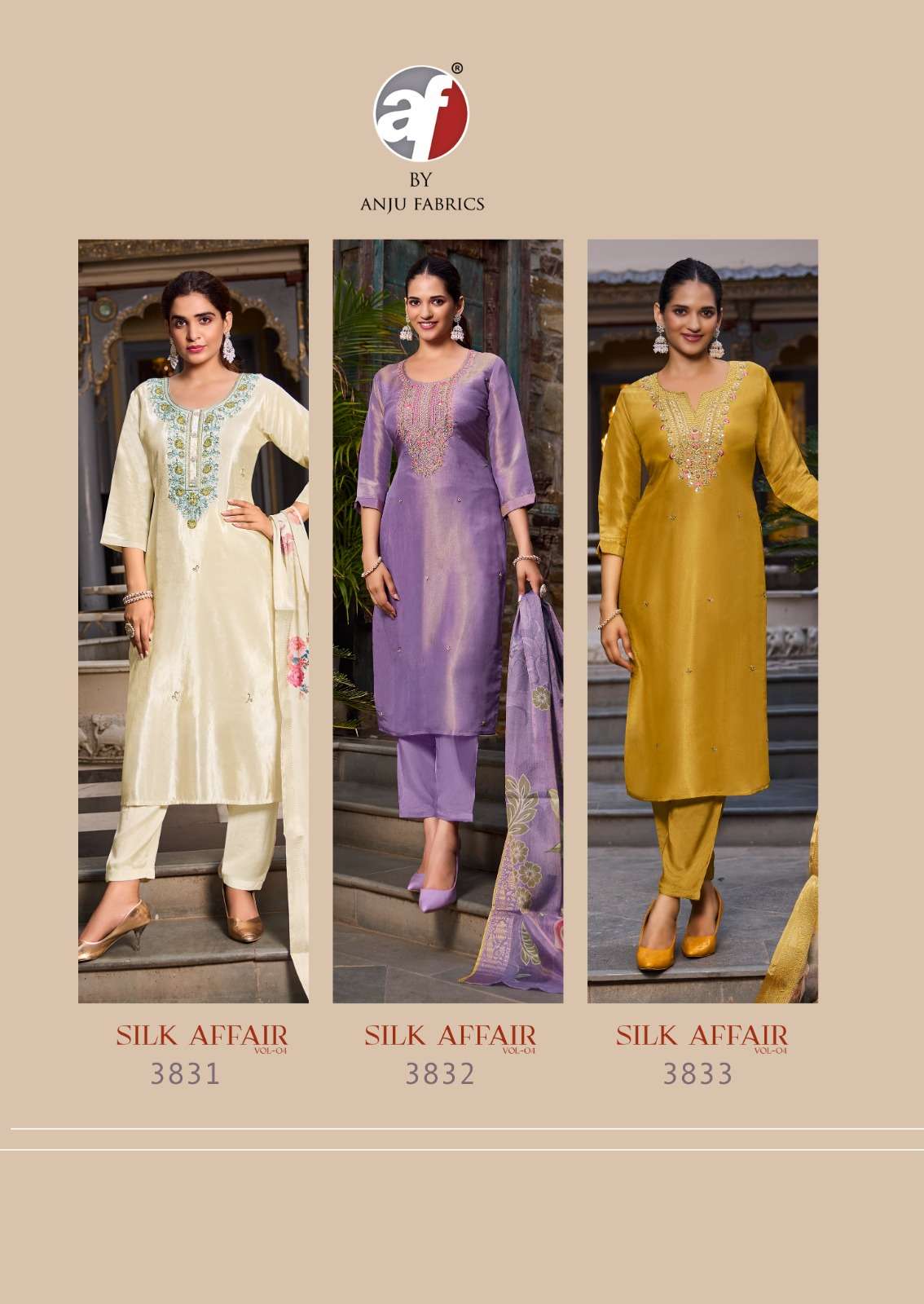 SILK AFFAIR VOL-4 BY ANJU FABRICS TISSUE SHIMMER BEAUTIFUL EMBROIDERY KURTI PANT WITH DUPATTA 