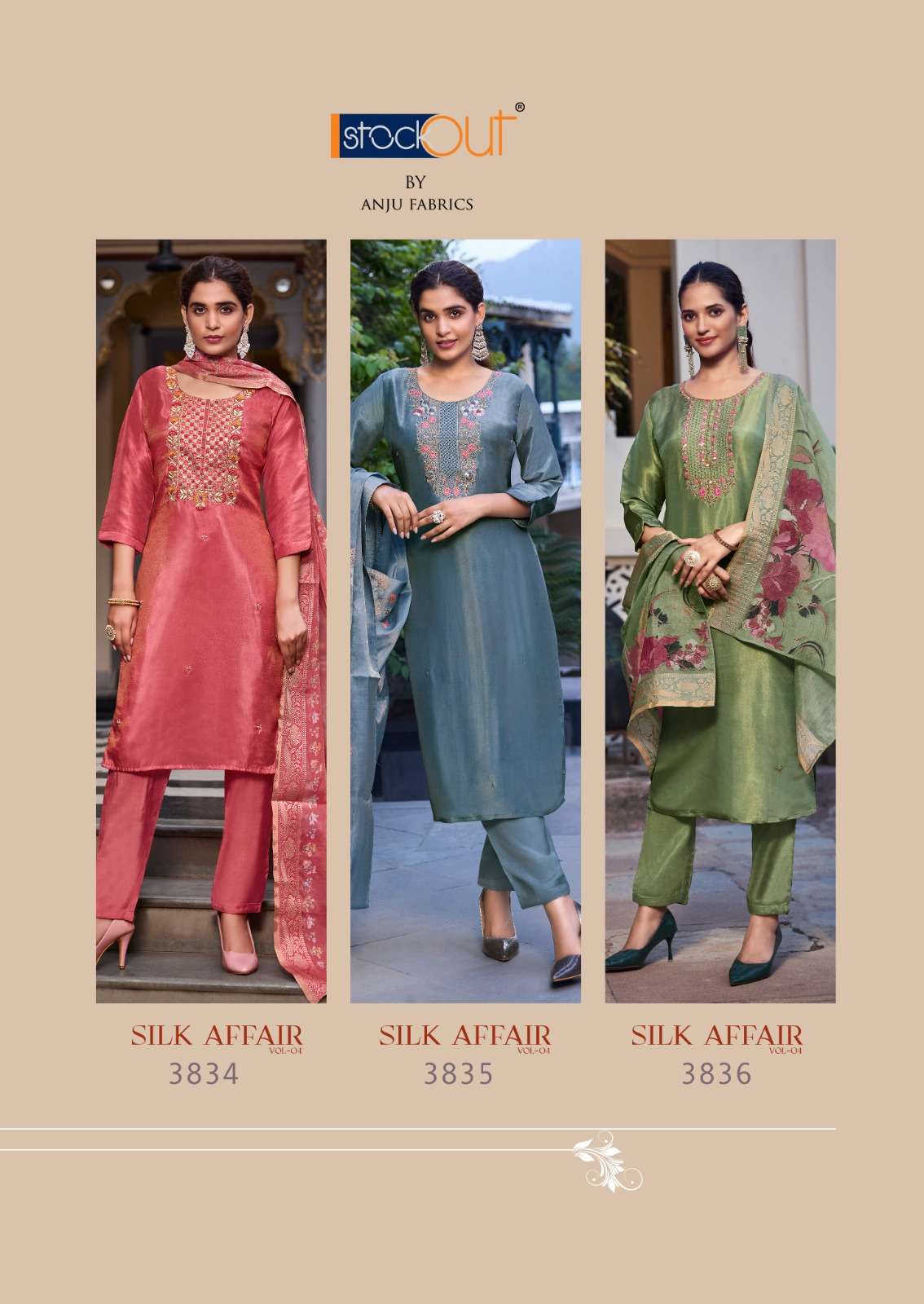 SILK AFFAIR VOL-4 BY ANJU FABRICS TISSUE SHIMMER BEAUTIFUL EMBROIDERY KURTI PANT WITH DUPATTA 