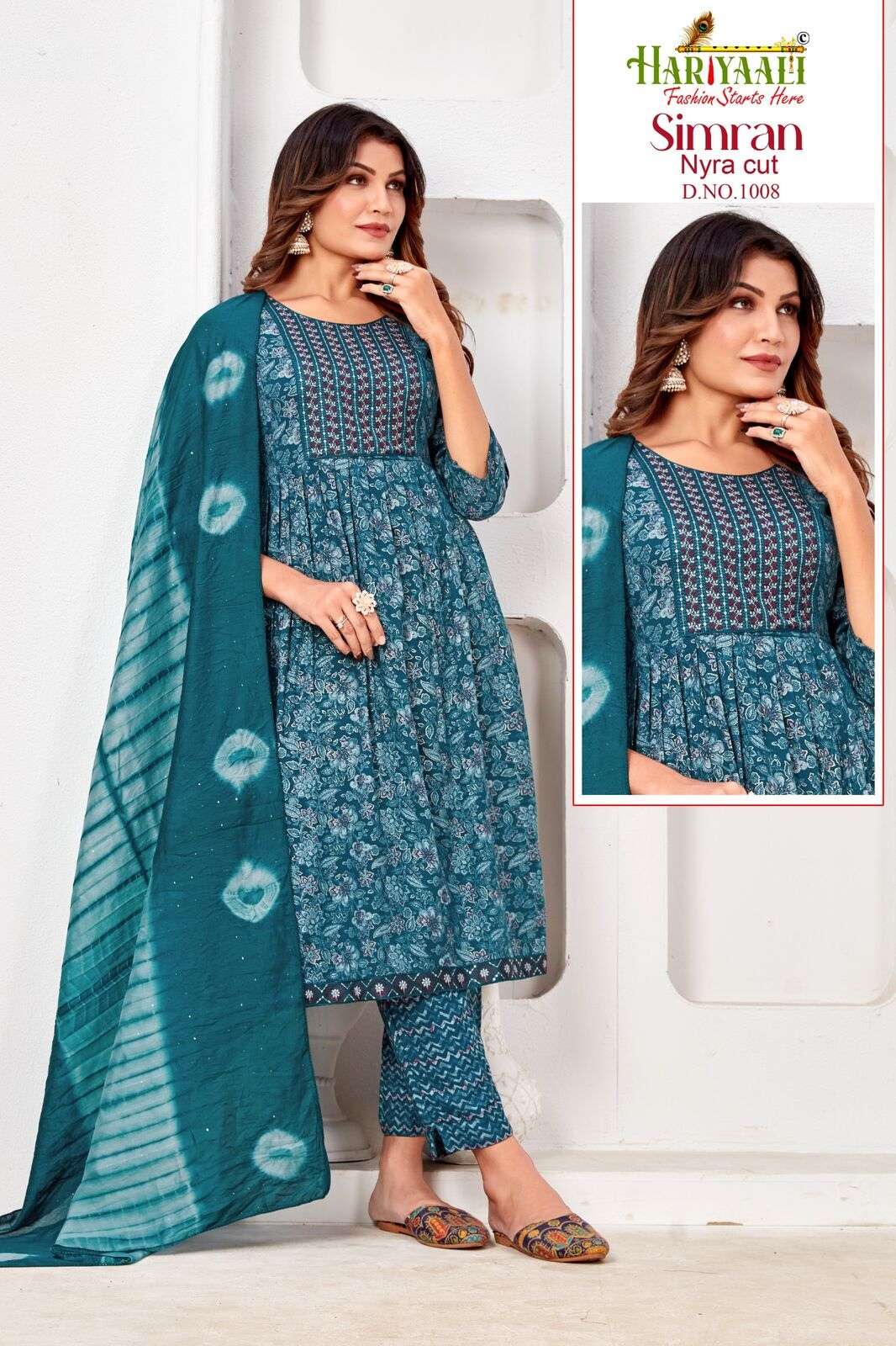 SIMRAN BY HARIYAALI RAYON NAYRA CUT KURTI PANT & DUPATTA WITH SEQUENCE WORK 