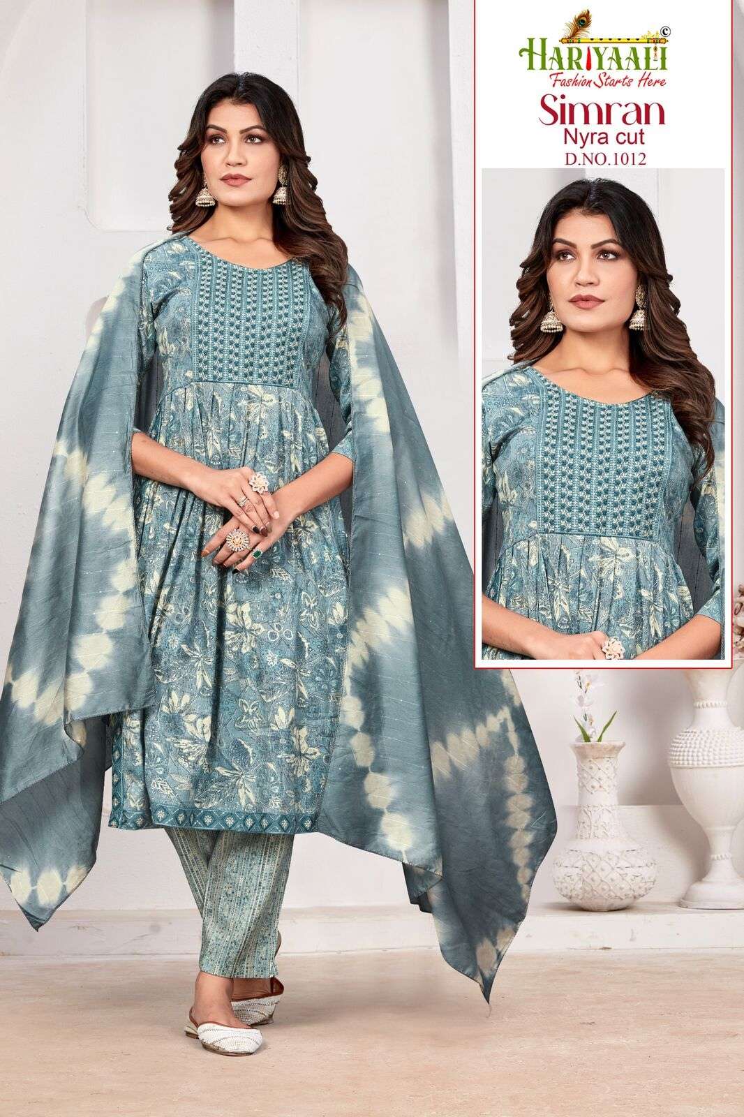 SIMRAN BY HARIYAALI RAYON NAYRA CUT KURTI PANT & DUPATTA WITH SEQUENCE WORK 