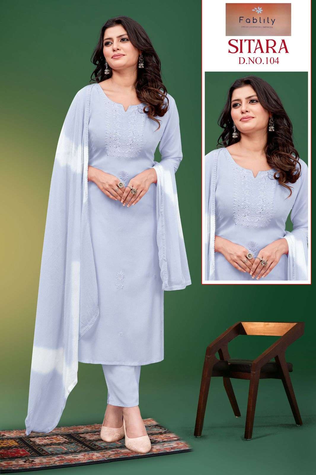 SITARA BY TEXOFAB RAYON HEAVY EMBROIDERY KURTI PANT WITH SHABURI PRINT DUPATTA 