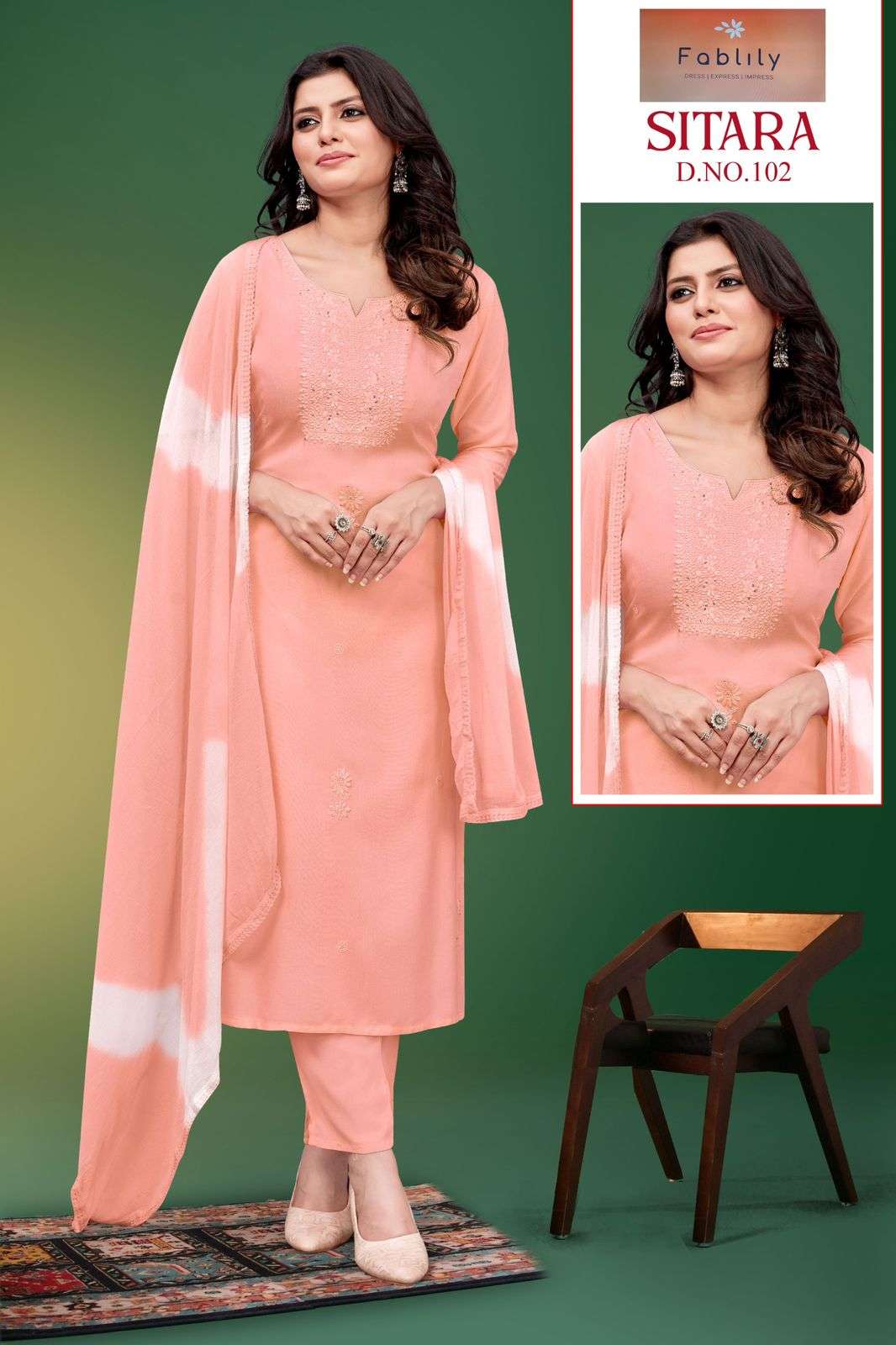 SITARA BY TEXOFAB RAYON HEAVY EMBROIDERY KURTI PANT WITH SHABURI PRINT DUPATTA 