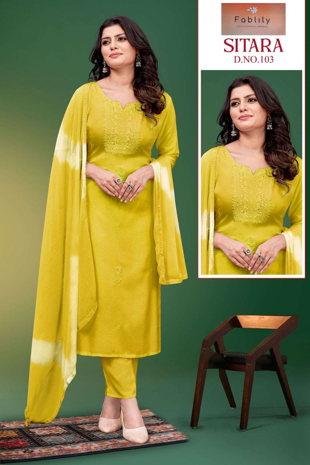 SITARA BY TEXOFAB RAYON HEAVY EMBROIDERY KURTI PANT WITH SHABURI PRINT DUPATTA 