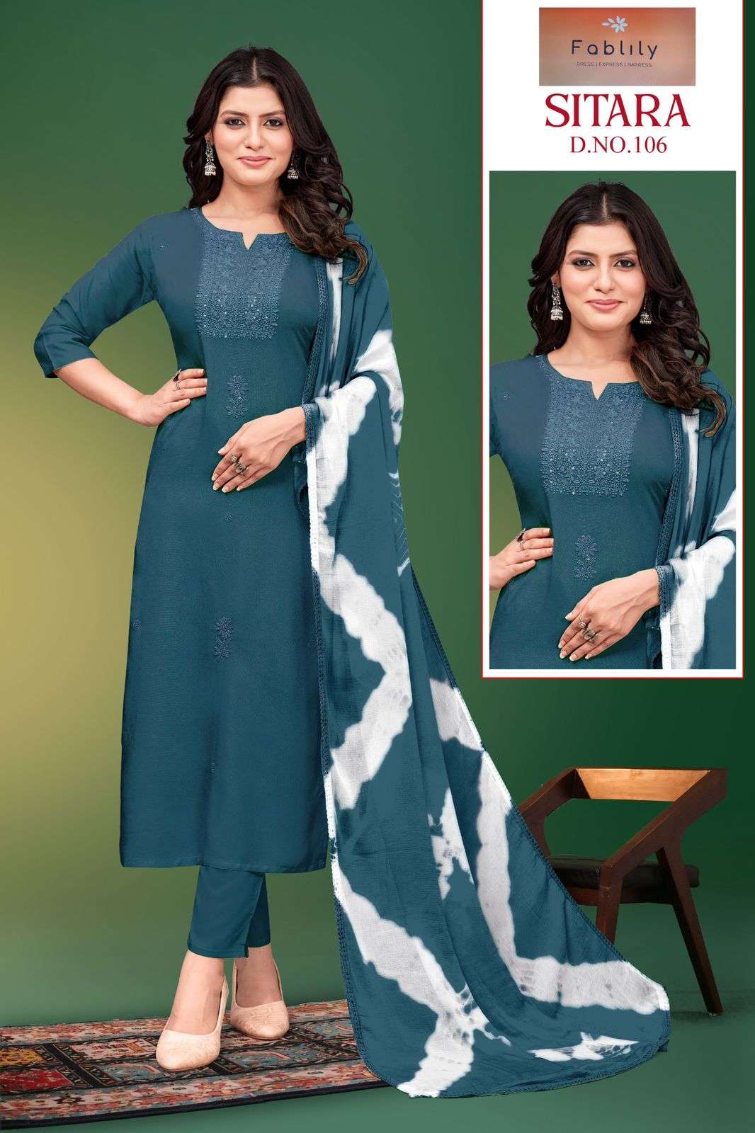 SITARA BY TEXOFAB RAYON HEAVY EMBROIDERY KURTI PANT WITH SHABURI PRINT DUPATTA 