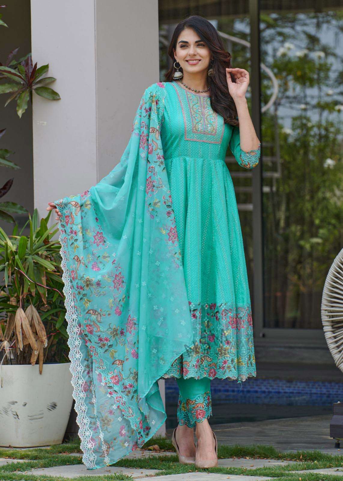 SR-1282 KN HEAVY EMBROIDERY NECK WITH JACQUARD ANARKALI 3 PCS SET 