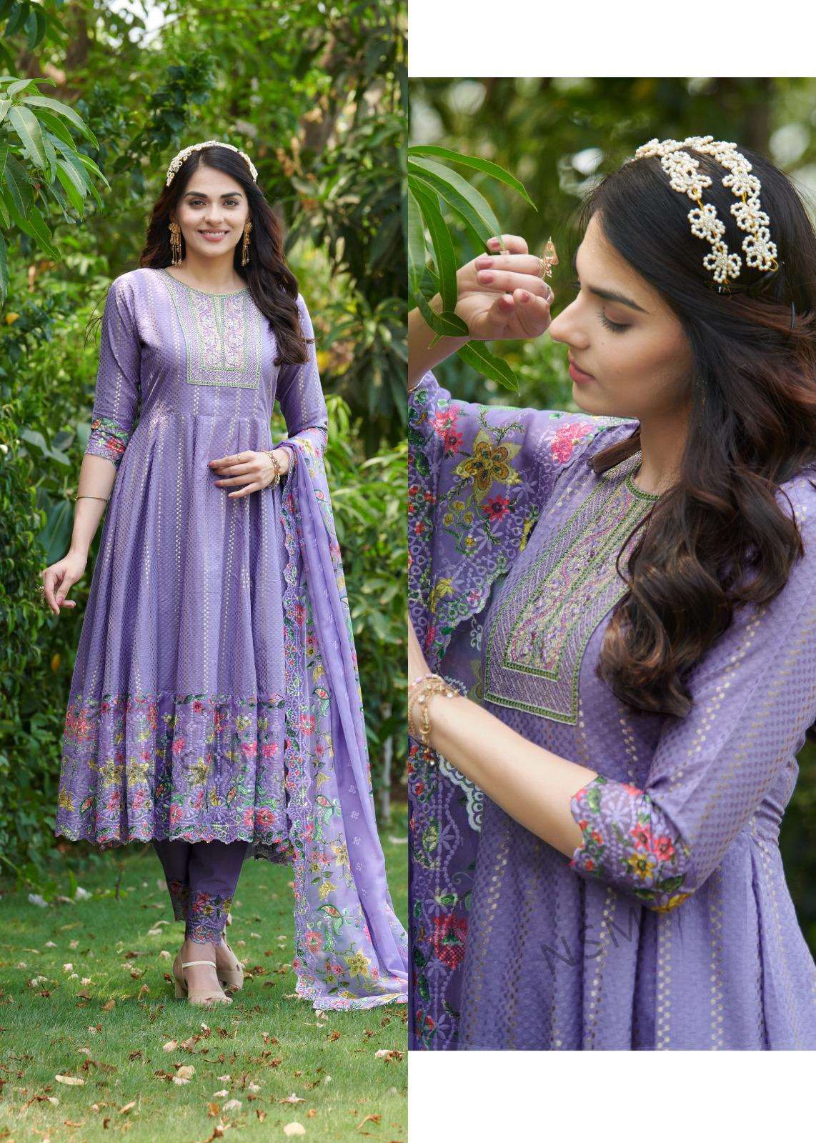 SR-1285 KN HEAVY EMBROIDERY NECK WITH JACQUARD ANARKALI 3 PCS SET 