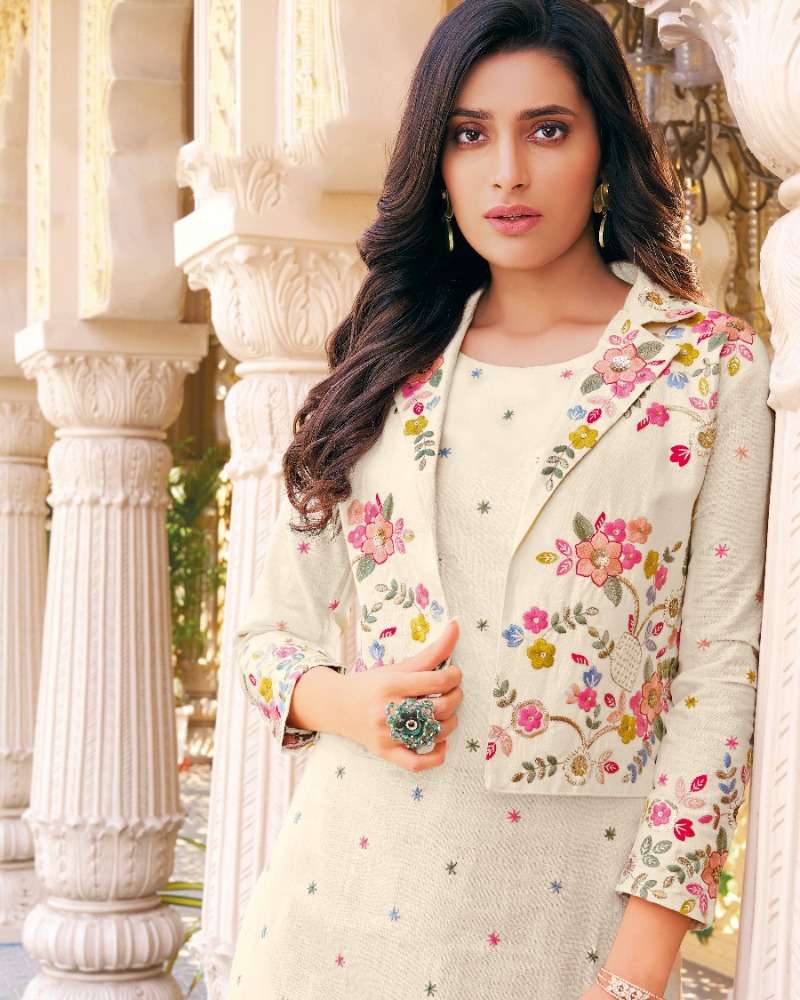 SS-01 KAASHVI PURE COTTON LINEN STYLISH EMBROIDERY WORK KURTI PANT WITH KOTI