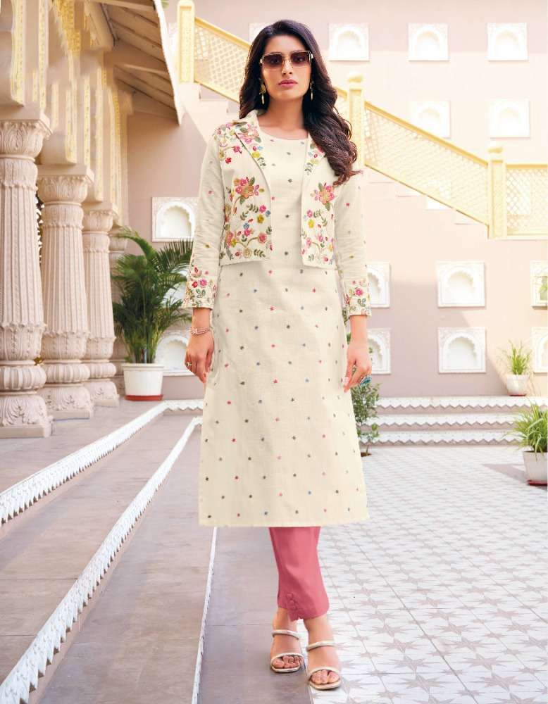 SS-01 KAASHVI PURE COTTON LINEN STYLISH EMBROIDERY WORK KURTI PANT WITH KOTI