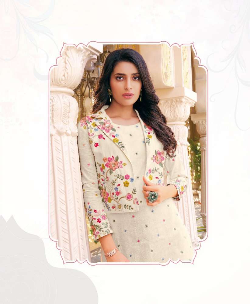 SS-01 KAASHVI PURE COTTON LINEN STYLISH EMBROIDERY WORK KURTI PANT WITH KOTI