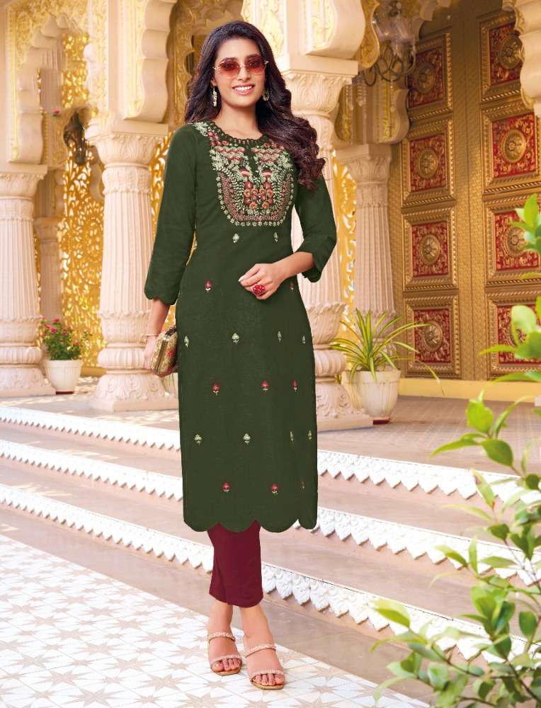 SS-05 KANIKAA PURE COTTON LINEN STYLISH EMBROIDERY WORK KURTI PANT 