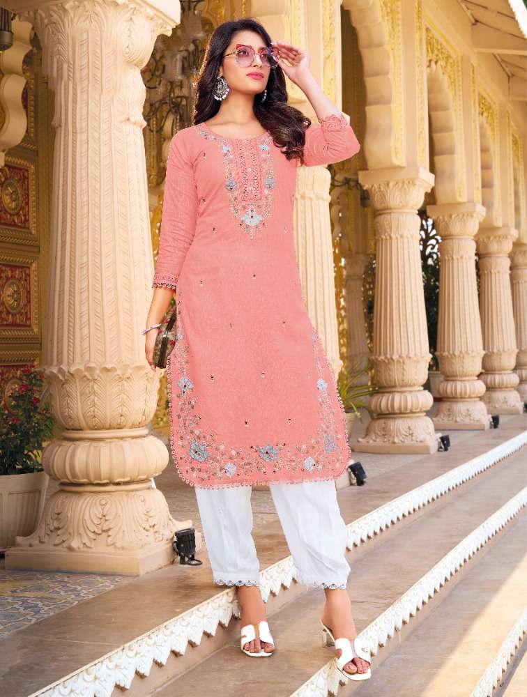 SS-08 KARISHMAA PURE COTTON LINEN STYLISH EMBROIDERY WORK KURTI PANT 