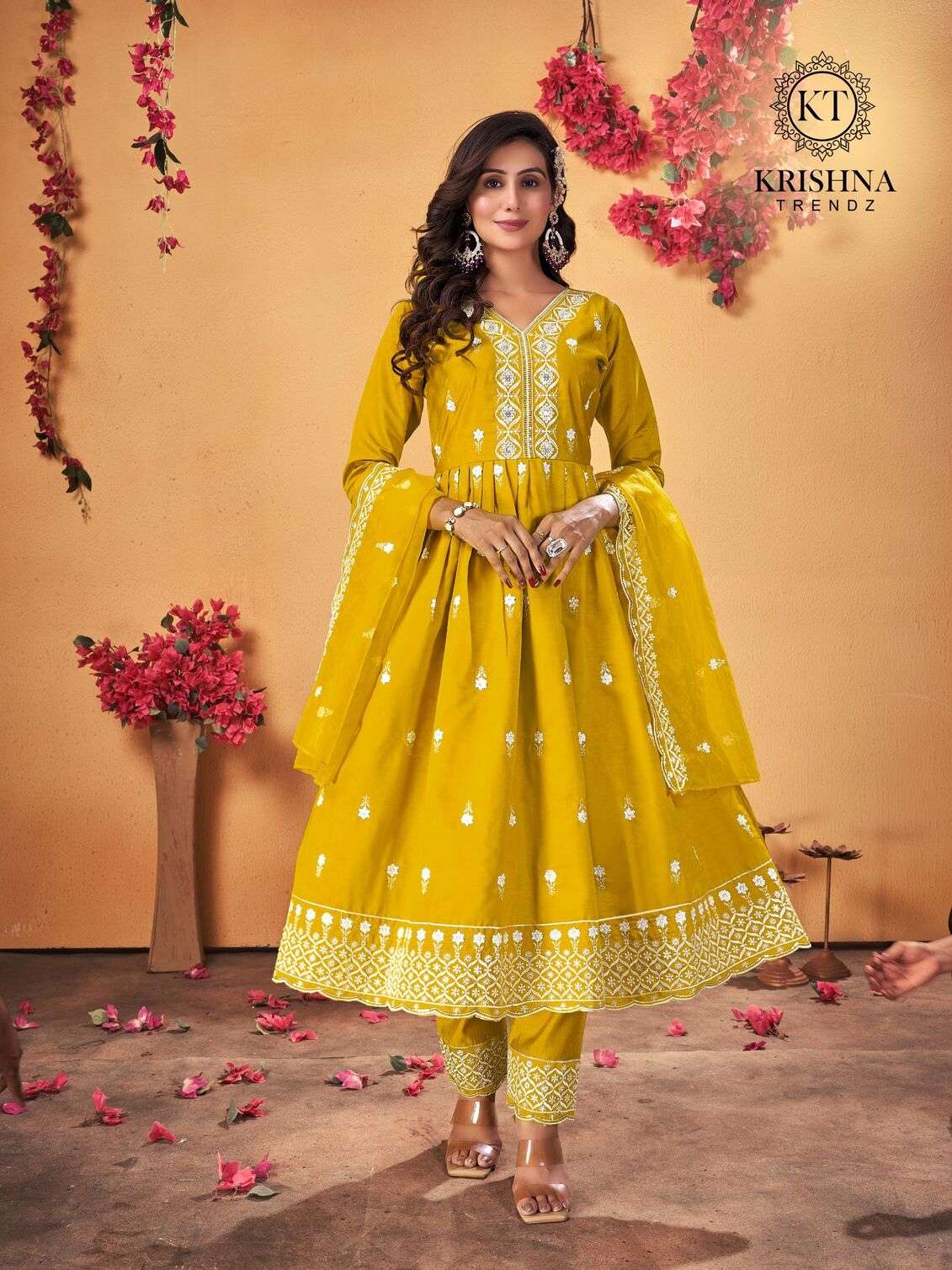 SUMMER FESTIVAL VOL-1 BY KRISHNA TRENDZ ROMAN SILK WHITE THREAD KURTI PANT WITH DUPATTA 