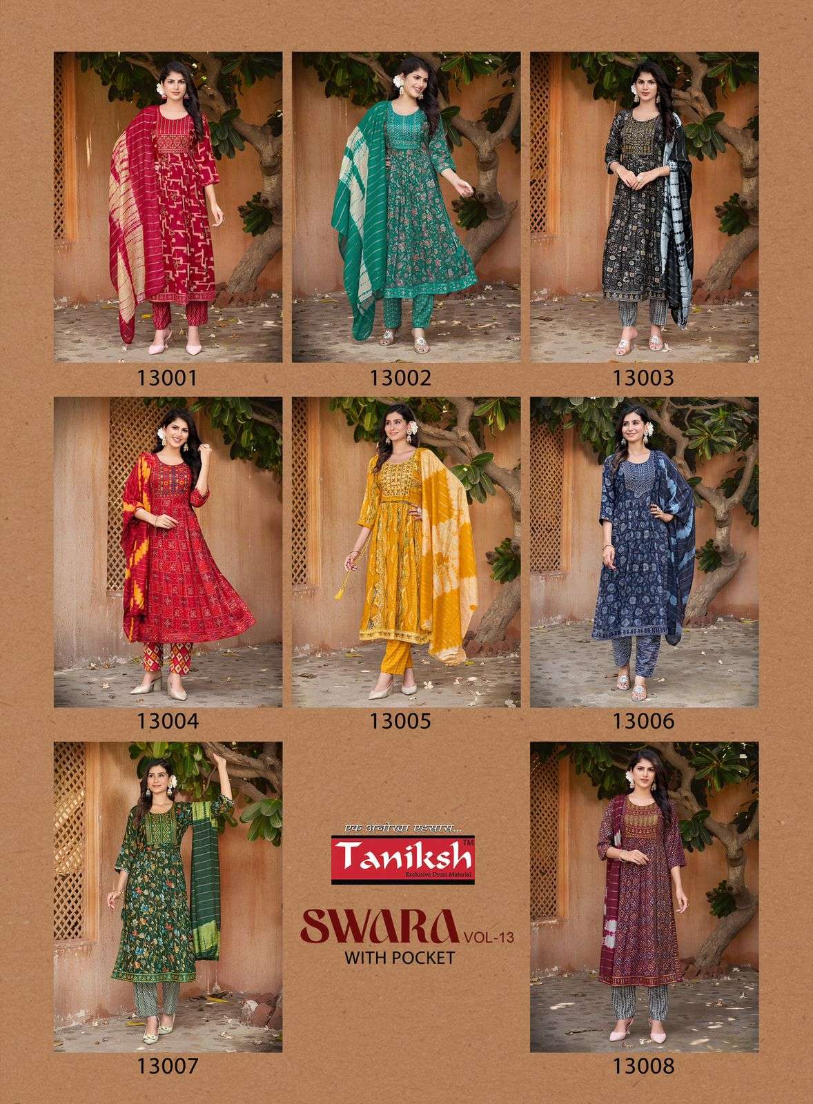 SWARA VOL-13 BY TANISHK CAPSULE RAYON PRINT WITH EMBROIDERY WORK 3 PCS SET