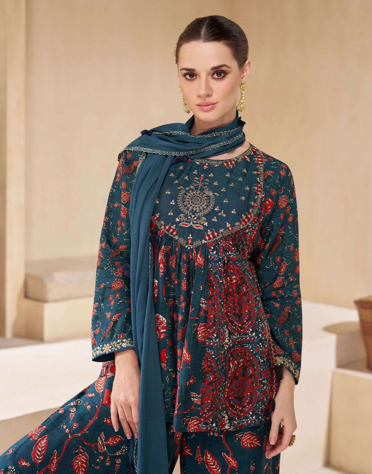 SY-5534 CH PURE CHINON SILK EMBROIDERY KURTI PLAZO WITH DUPATTA 