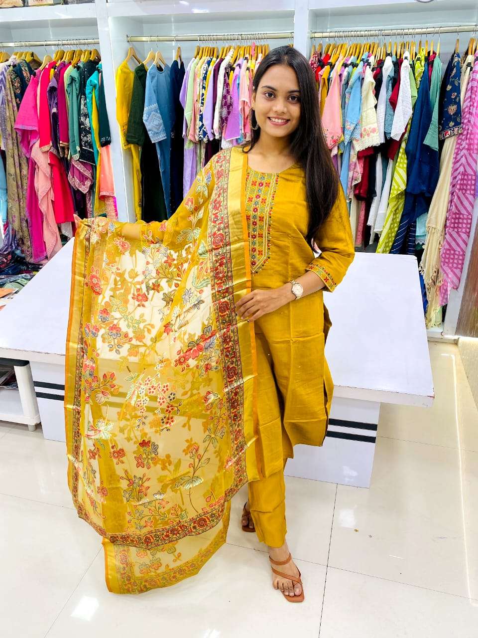 TF-01 NZ HEAVY PREMIUM FANCY FABRIC KURTI WITH EMBROIDERY WORK PANT & DUPATTA