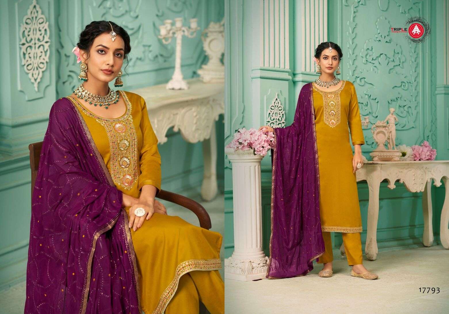 TRIPLE A LAUNCHED LAILA PURE RAYON HEAVY WORK WITH JACQUARD BORDER KURTI PANT & DUPATTA 