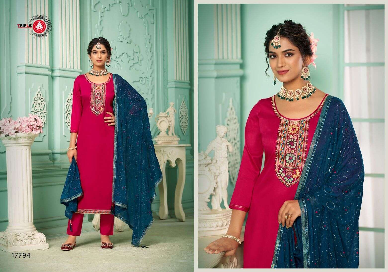 TRIPLE A LAUNCHED LAILA PURE RAYON HEAVY WORK WITH JACQUARD BORDER KURTI PANT & DUPATTA 