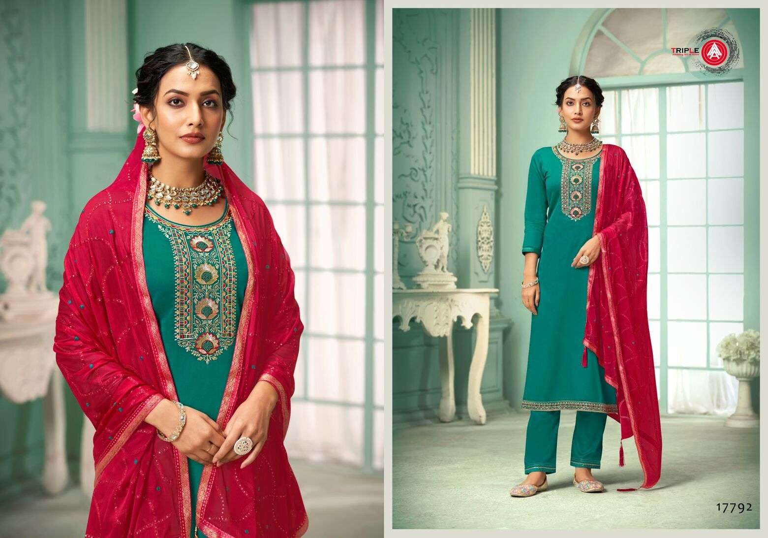 TRIPLE A LAUNCHED LAILA PURE RAYON HEAVY WORK WITH JACQUARD BORDER KURTI PANT & DUPATTA 