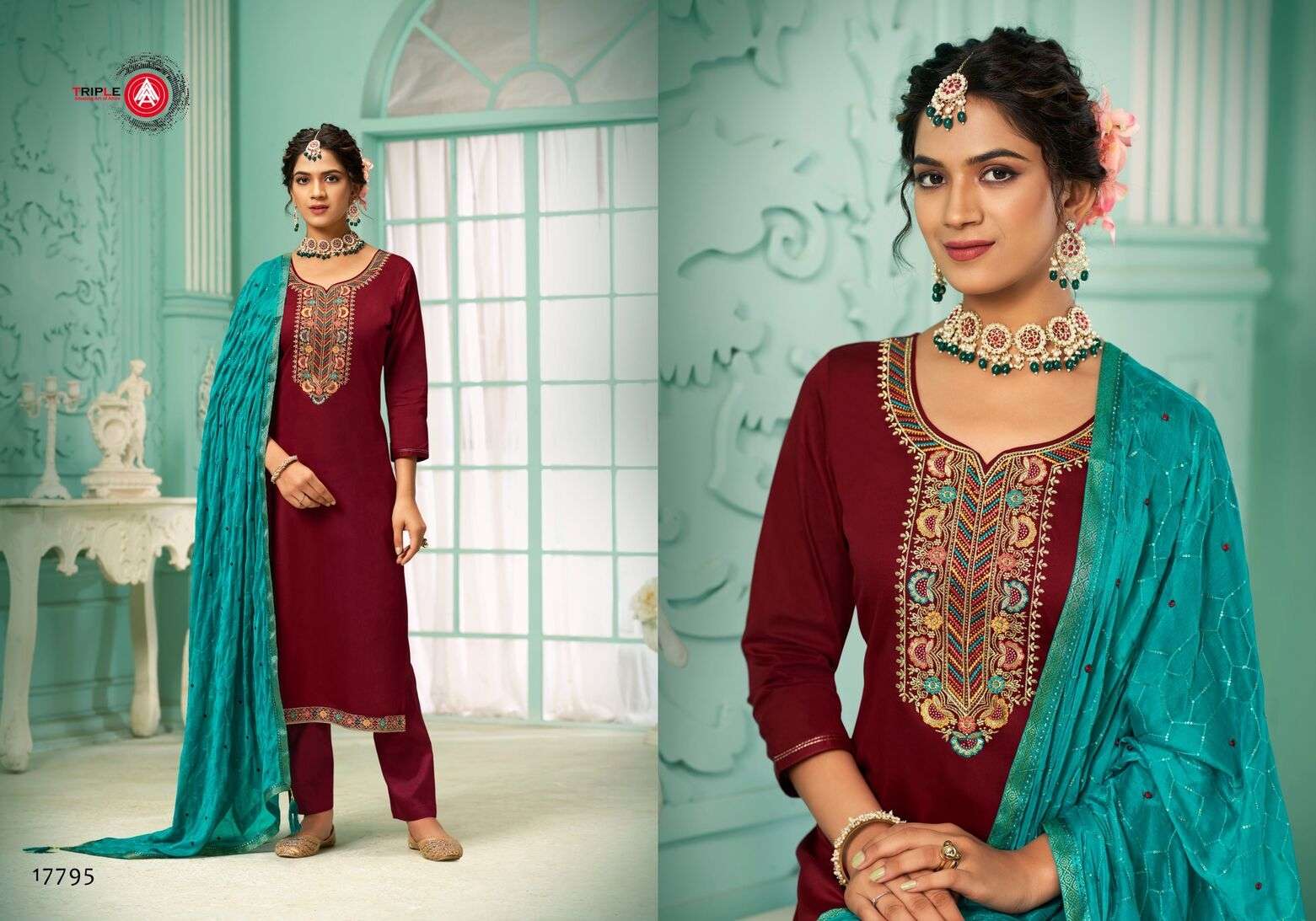 TRIPLE A LAUNCHED LAILA PURE RAYON HEAVY WORK WITH JACQUARD BORDER KURTI PANT & DUPATTA 