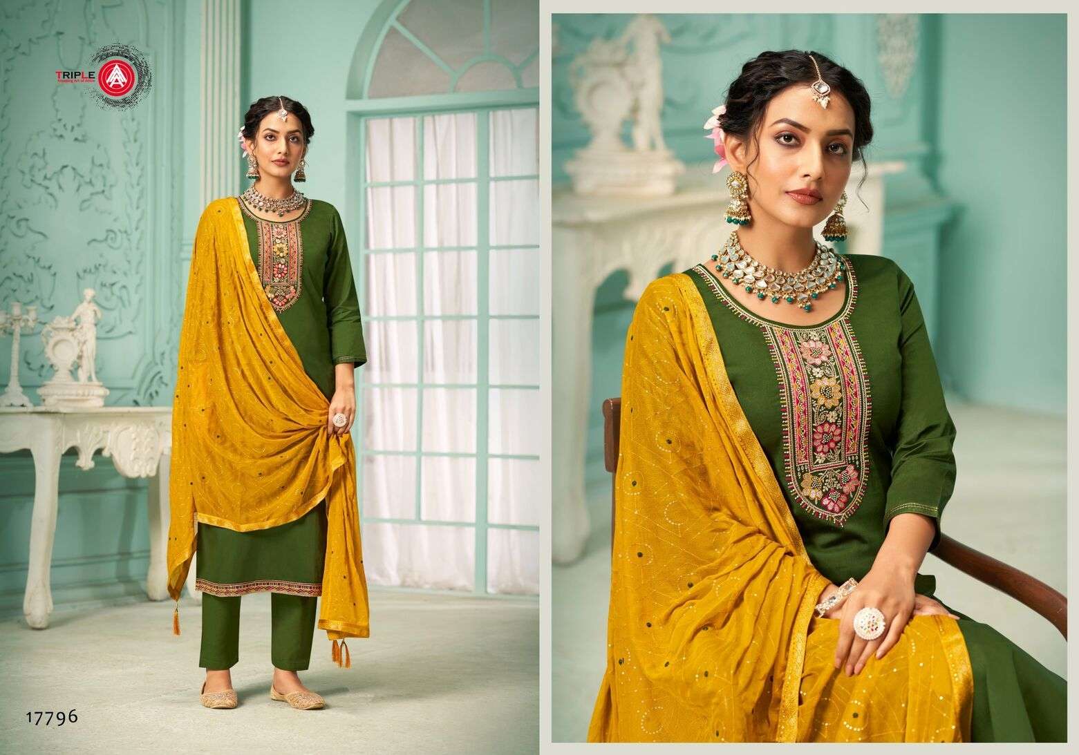 TRIPLE A LAUNCHED LAILA PURE RAYON HEAVY WORK WITH JACQUARD BORDER KURTI PANT & DUPATTA 