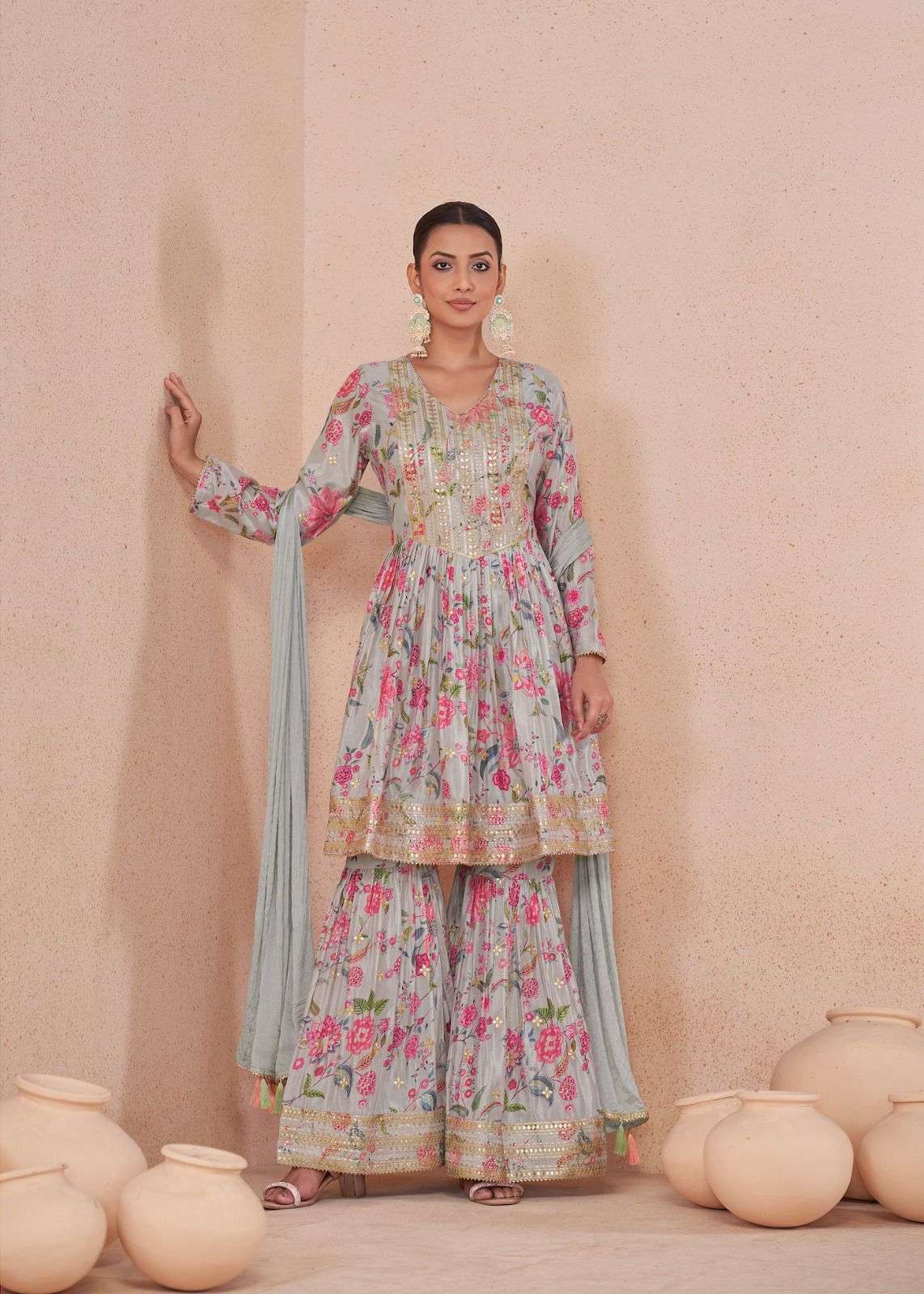 VANSHIKA BY GULKAYRA DESIGNER REAL CHINON DIGITAL PRINT WITH EMBROIDERY WORK 