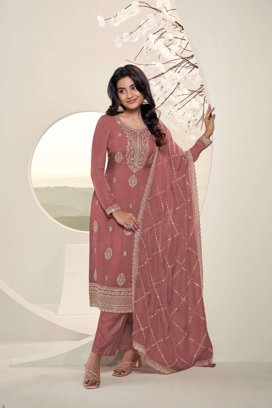 VF-22 RMS HEAVY ORGANZA DUPATTA & EMBROIDERY WORK WITH CHINON BOTTOM PANT