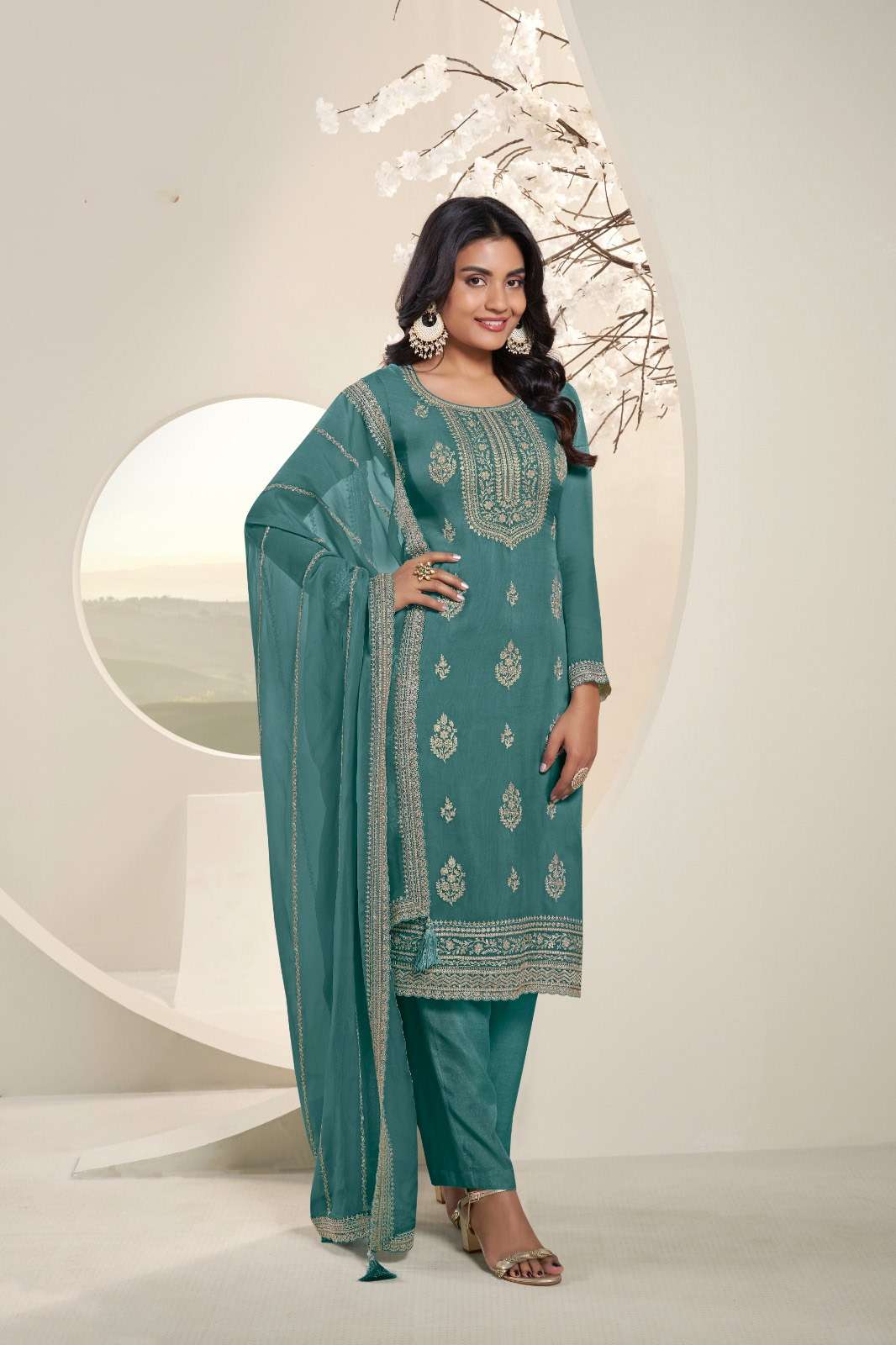 VF-23 RMS HEAVY ORGANZA DUPATTA & EMBROIDERY WORK WITH CHINON BOTTOM PANT
