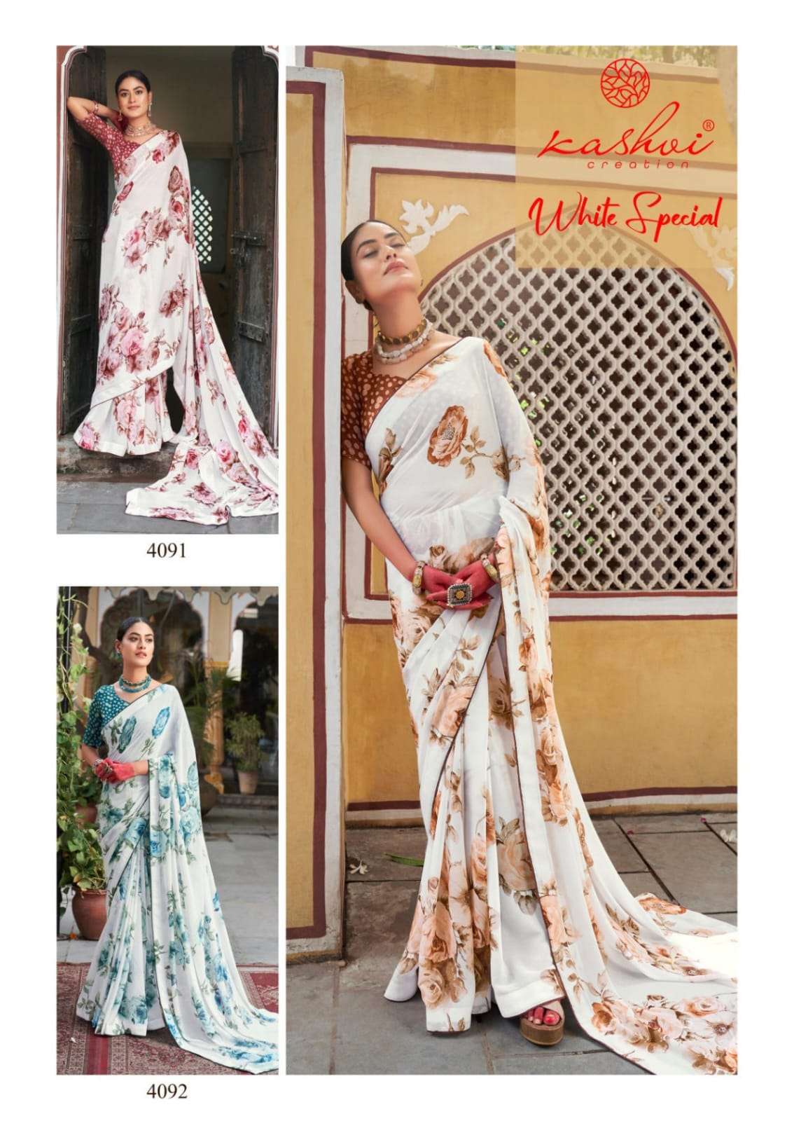 WHITE SPECIAL 4085 TO 4090 BY KASHVI CREATION DULL MOSS PRINTED SAREES 