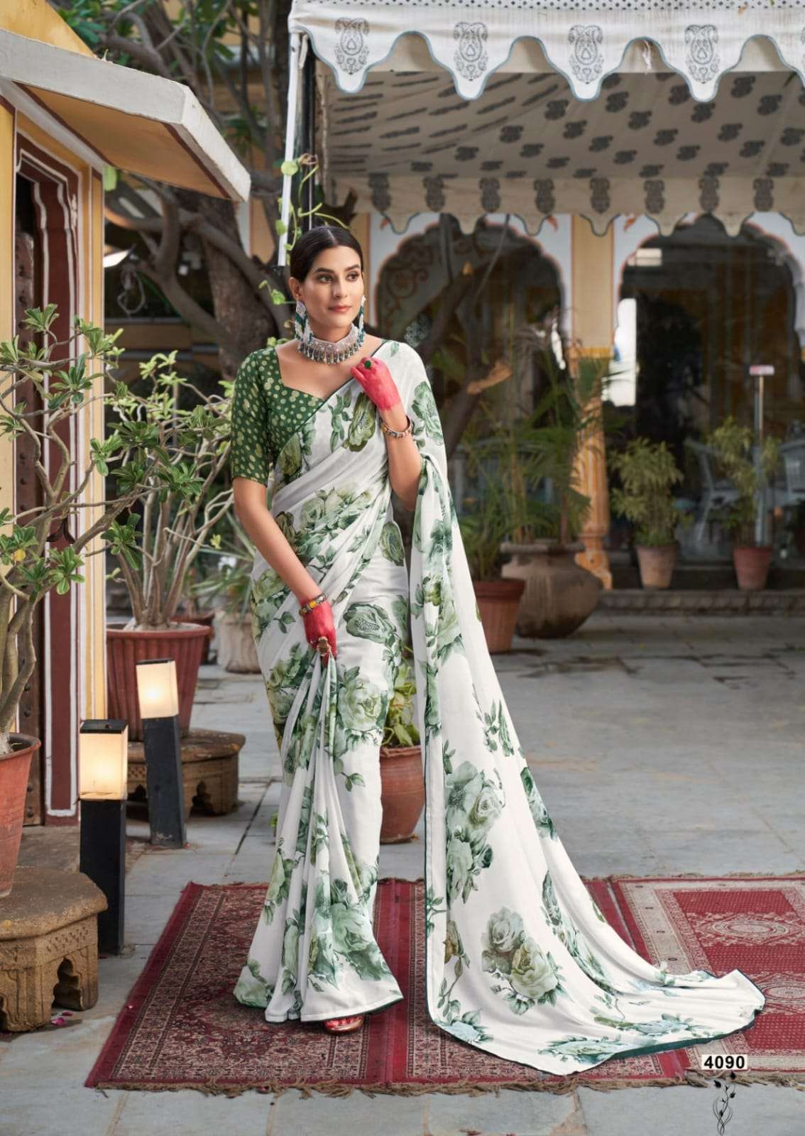 WHITE SPECIAL 4085 TO 4090 BY KASHVI CREATION DULL MOSS PRINTED SAREES 