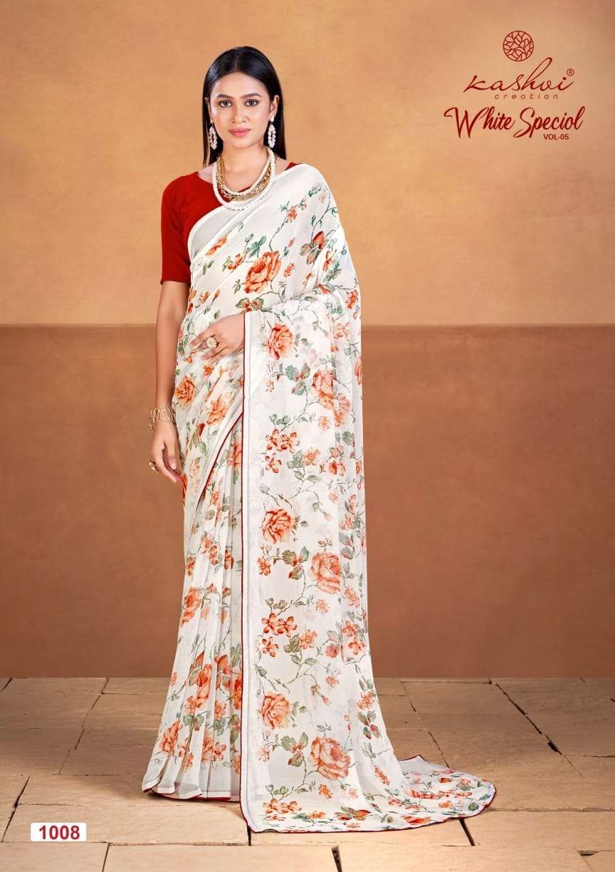 WHITE SPECIAL BY KASHVI CREATION DULL MOSS PRINTED BEAUTIFUL SAREES 