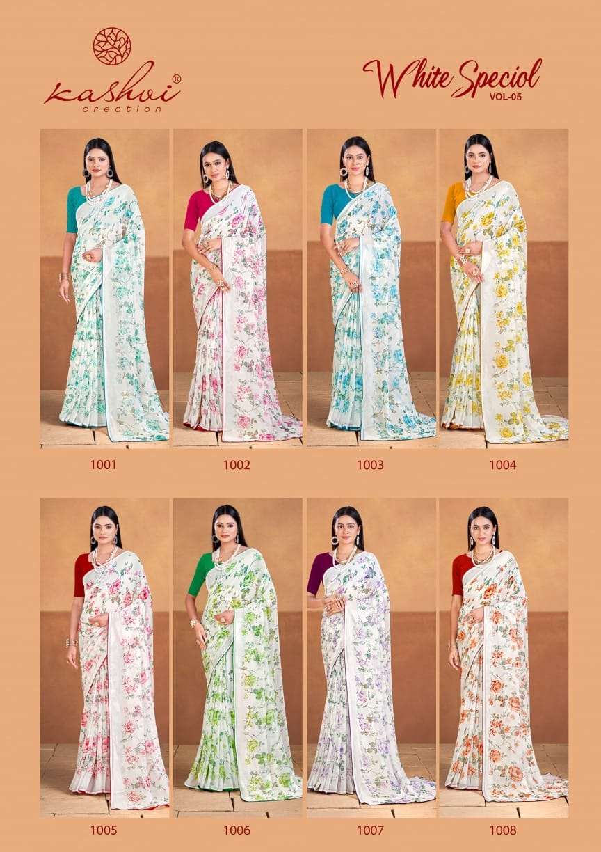 WHITE SPECIAL BY KASHVI CREATION DULL MOSS PRINTED BEAUTIFUL SAREES 