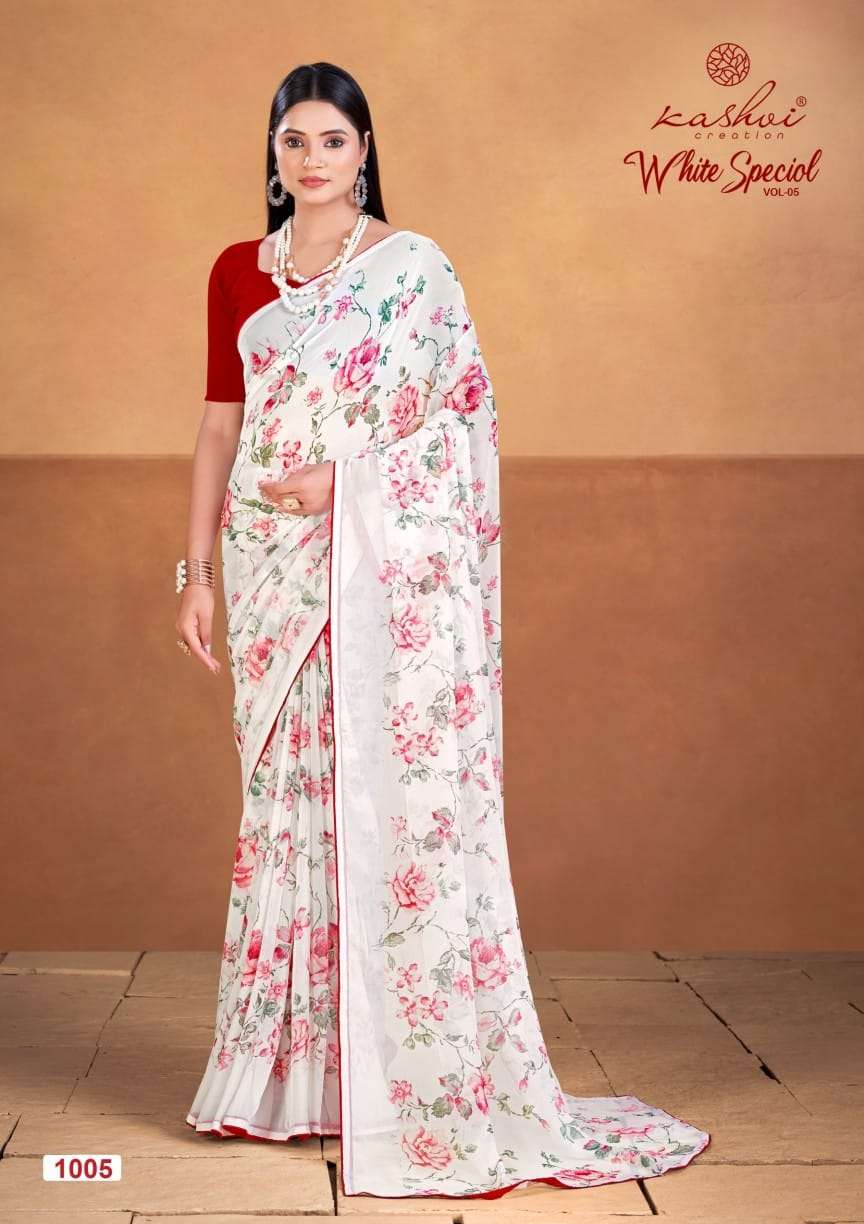 WHITE SPECIAL BY KASHVI CREATION DULL MOSS PRINTED BEAUTIFUL SAREES 