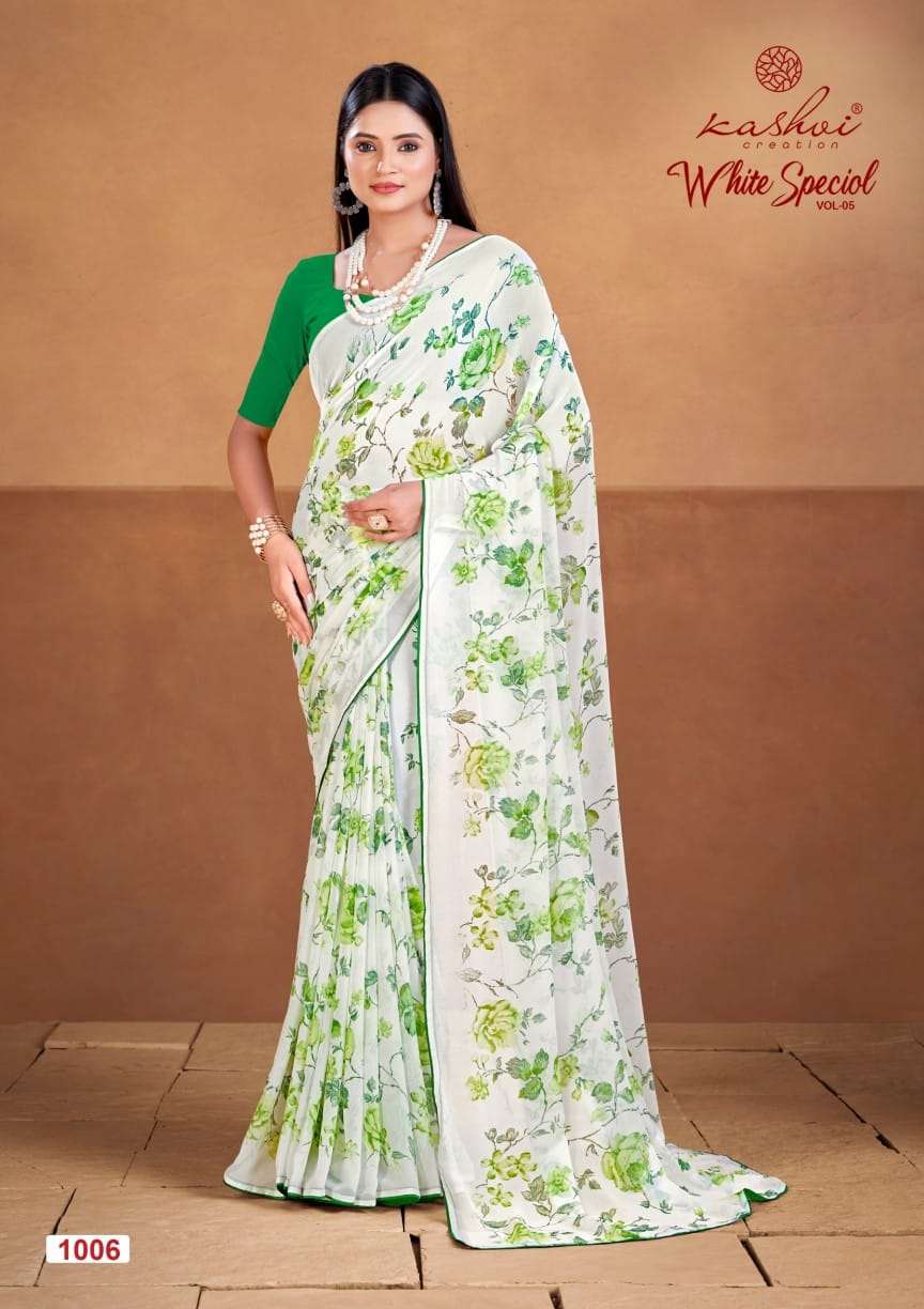 WHITE SPECIAL BY KASHVI CREATION DULL MOSS PRINTED BEAUTIFUL SAREES 