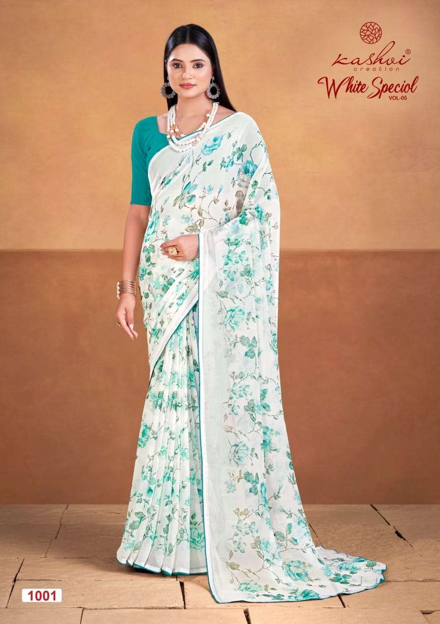 WHITE SPECIAL BY KASHVI CREATION DULL MOSS PRINTED BEAUTIFUL SAREES 