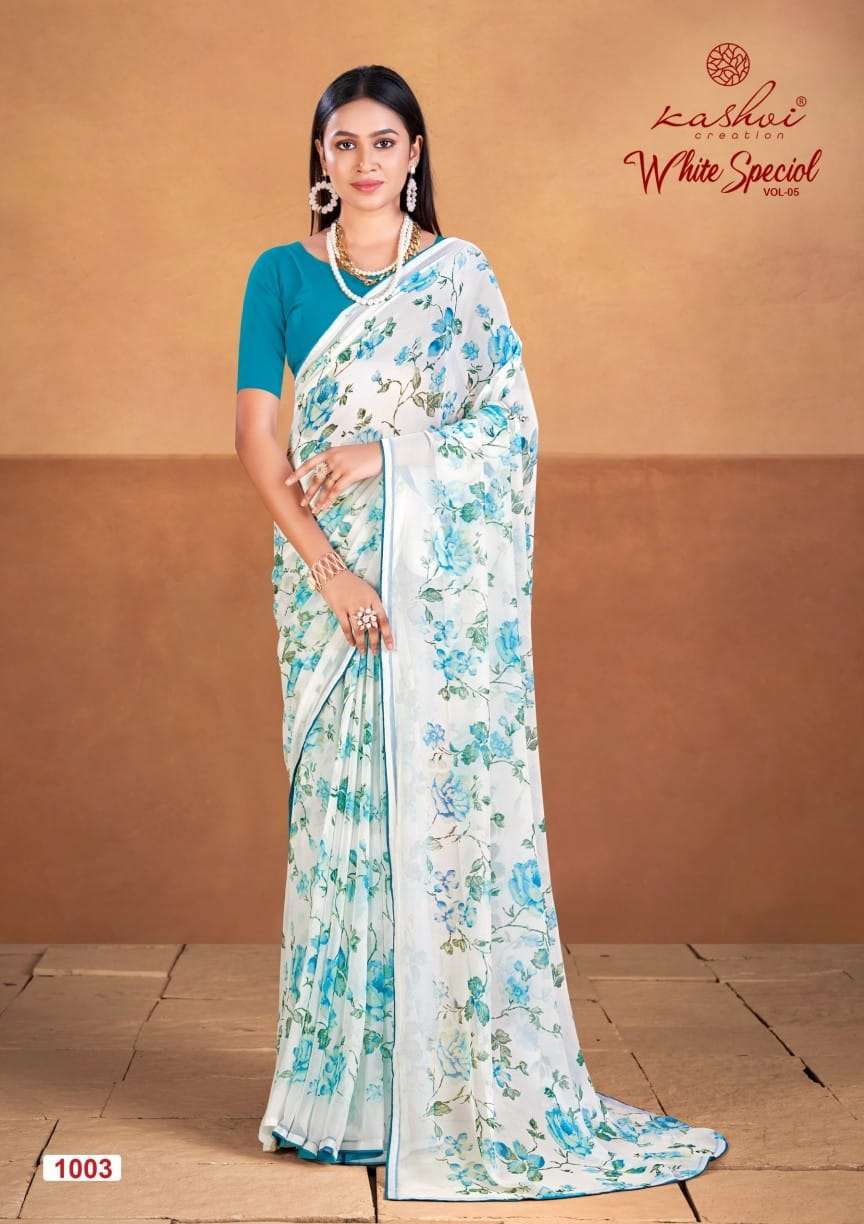 WHITE SPECIAL BY KASHVI CREATION DULL MOSS PRINTED BEAUTIFUL SAREES 