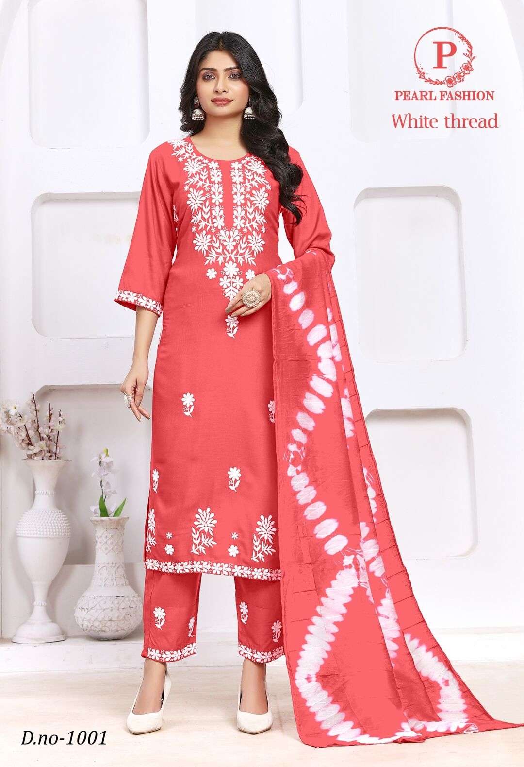 WHITE THREAD BY PEARL FASHION VISCOSE RAYON 3 PCS WITH SEQUENCE WORK 