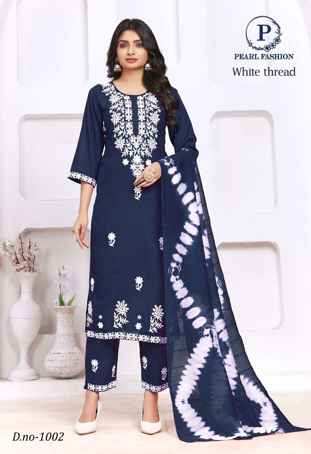 WHITE THREAD BY PEARL FASHION VISCOSE RAYON 3 PCS WITH SEQUENCE WORK 