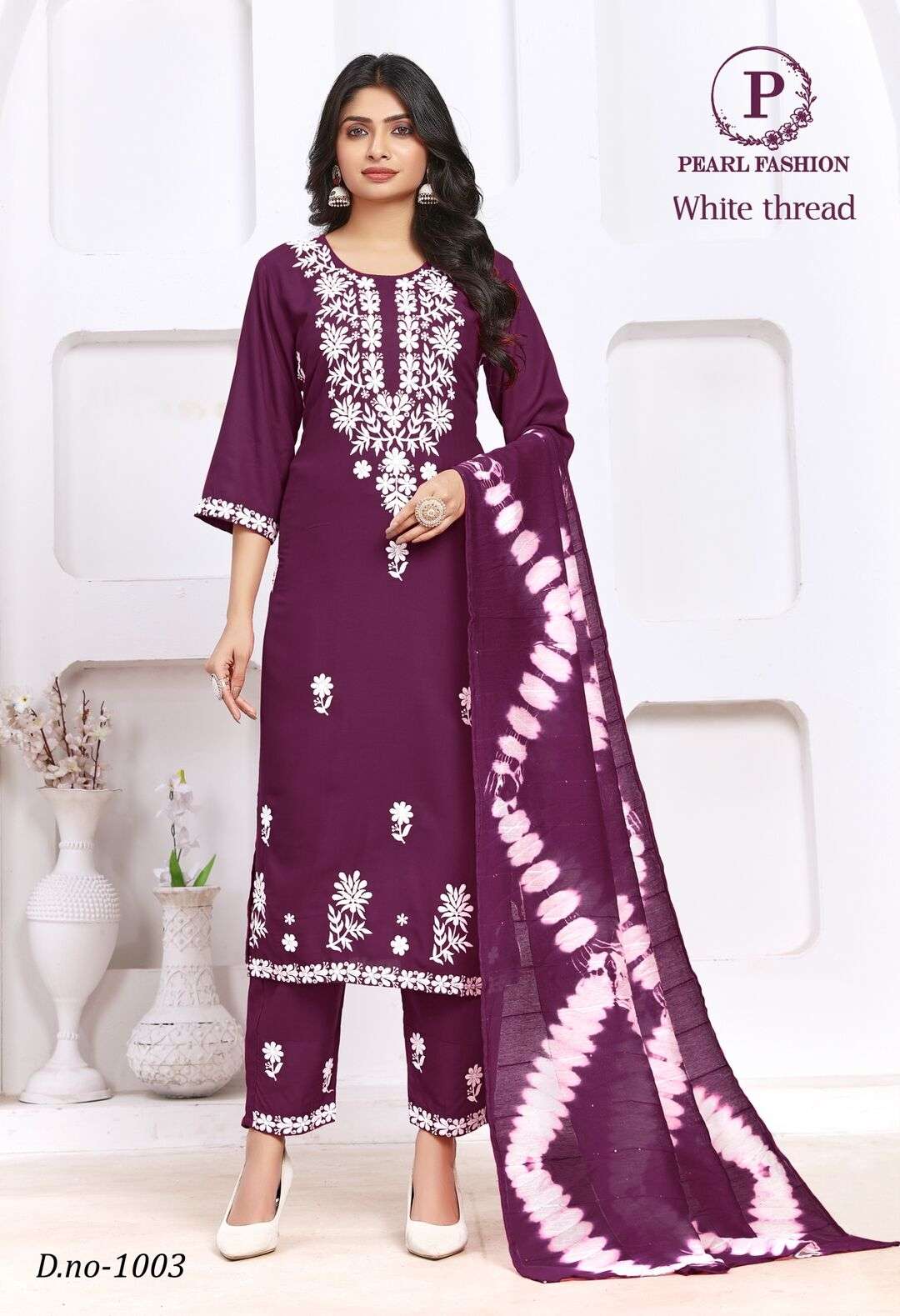 WHITE THREAD BY PEARL FASHION VISCOSE RAYON 3 PCS WITH SEQUENCE WORK 