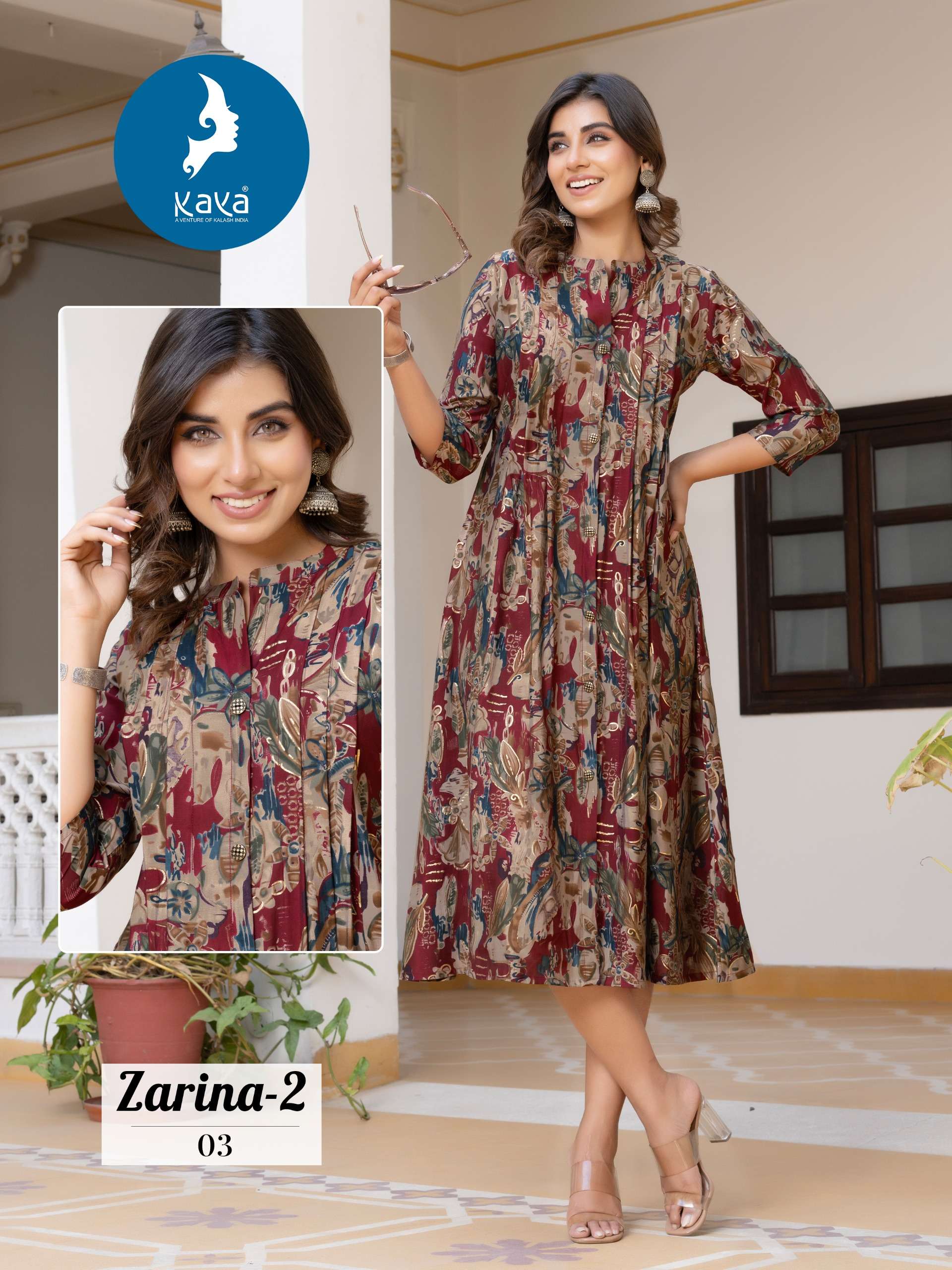 ZARINA VOL-2 BY KAYA KURTI CHANDERI MODAL FOIL PRINT ANARKALI TOP 