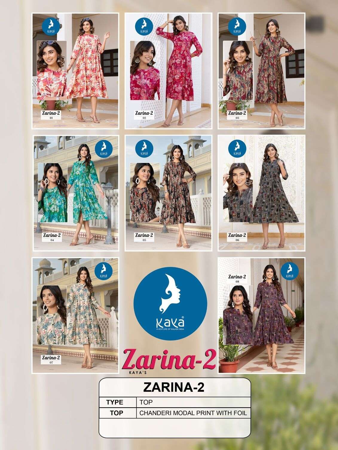 ZARINA VOL-2 BY KAYA KURTI CHANDERI MODAL FOIL PRINT ANARKALI TOP 