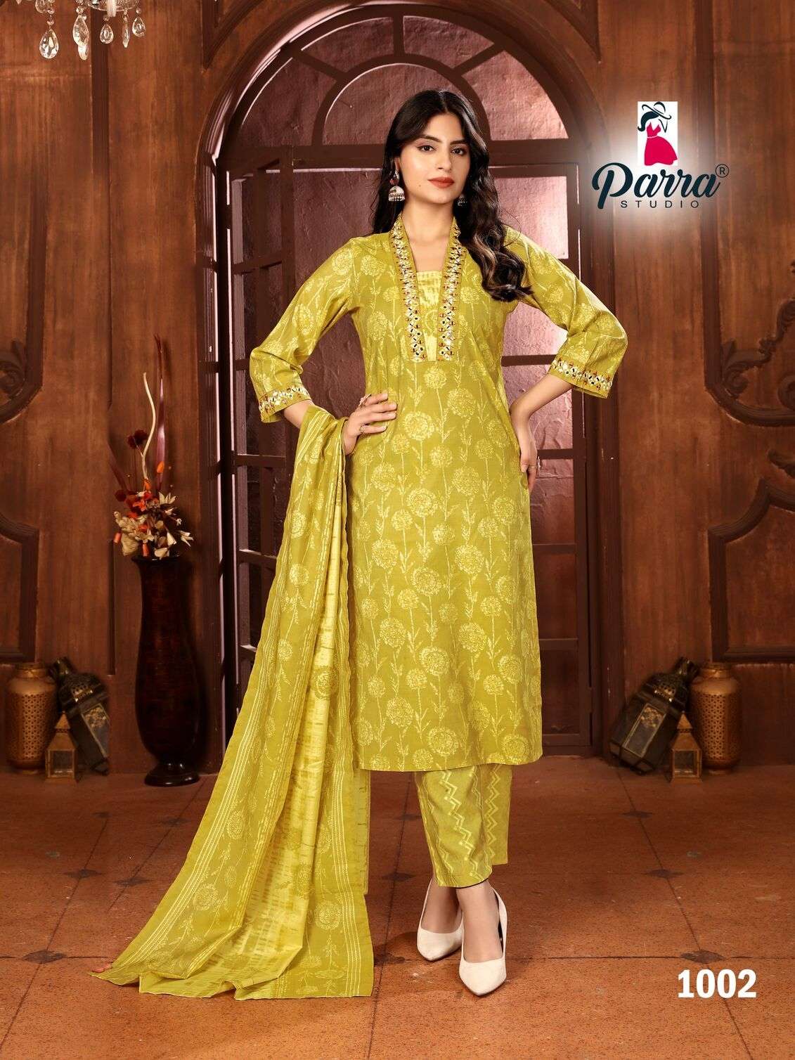 7 KURTI PANT DUPATTA WITH CHANDERI PRINT & HANDWORK BY PARRA STUDIO