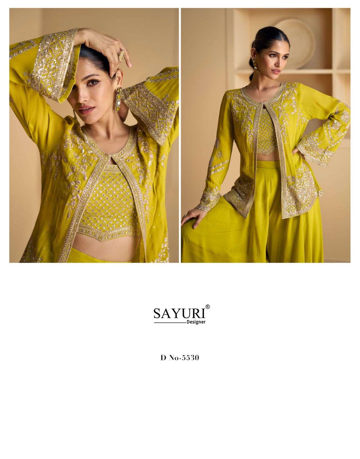 AARVI BY SAYURI DESIGNER REAL GEORGETTE FABRIC HEAVY EMBROIDERY CROP TOP PLAZO WITH DESIGNER JACKET 