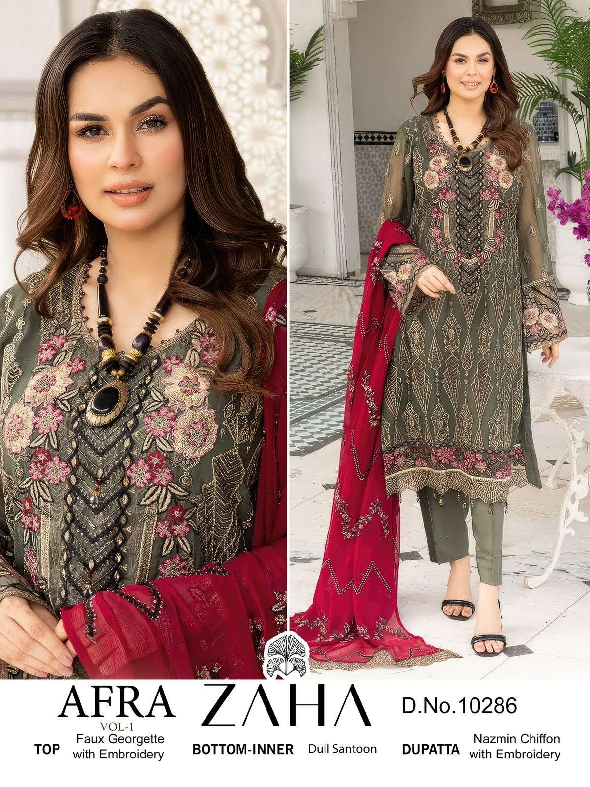 AFRA VOL-1 BY ZAHA GEORGETTE WITH HEAVY EMBROIDERY PAKISTANI STYLE KURTI PANT WITH DUPATTA 